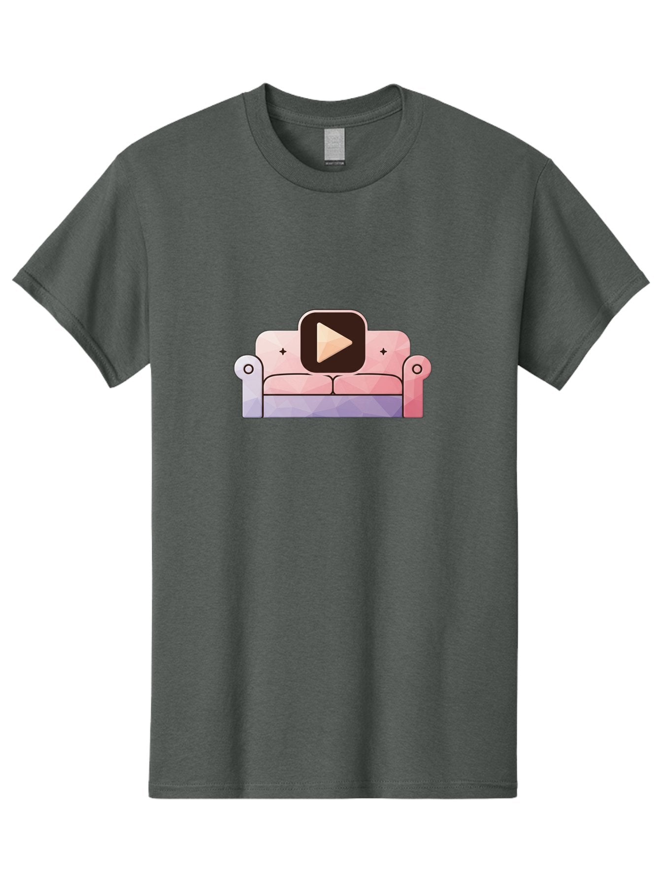 Play-Button-On-Couch Men'S Graphic Tee, 100% Cotton, Comfortable Casual Summer Wear, Machine Washable, Play Button Icon On A Sofa, Cartoon Style, Pink Couch, Purple Accents, Plus Signs, Play Symbol, Digital Illustration Bac327 14