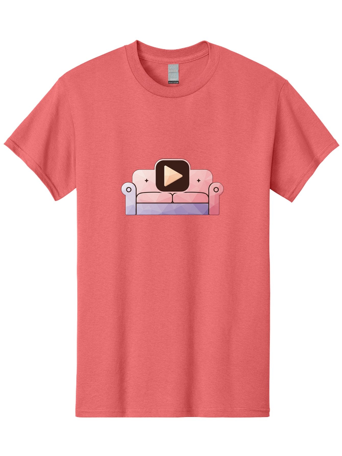 Play-Button-On-Couch Men'S Graphic Tee, 100% Cotton, Comfortable Casual Summer Wear, Machine Washable, Play Button Icon On A Sofa, Cartoon Style, Pink Couch, Purple Accents, Plus Signs, Play Symbol, Digital Illustration Bac327 5