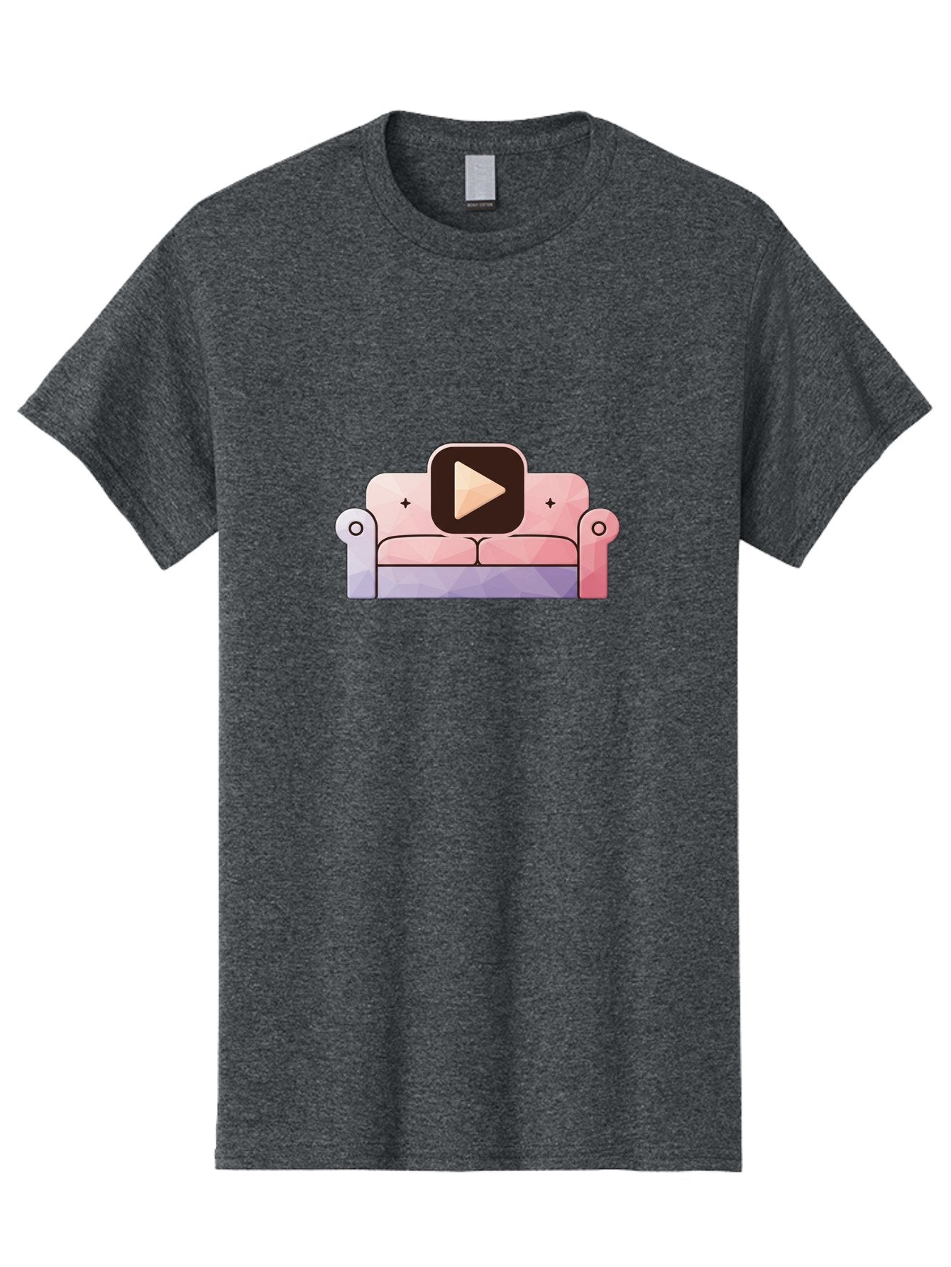 Play-Button-On-Couch Men'S Graphic Tee, 100% Cotton, Comfortable Casual Summer Wear, Machine Washable, Play Button Icon On A Sofa, Cartoon Style, Pink Couch, Purple Accents, Plus Signs, Play Symbol, Digital Illustration Bac327 4