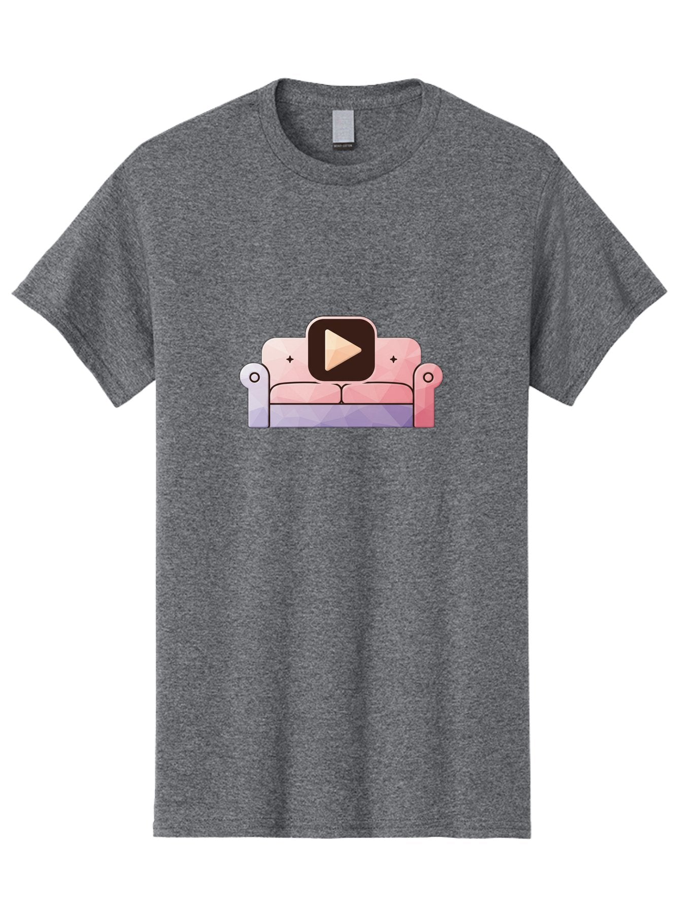 Play-Button-On-Couch Men'S Graphic Tee, 100% Cotton, Comfortable Casual Summer Wear, Machine Washable, Play Button Icon On A Sofa, Cartoon Style, Pink Couch, Purple Accents, Plus Signs, Play Symbol, Digital Illustration Bac327 6
