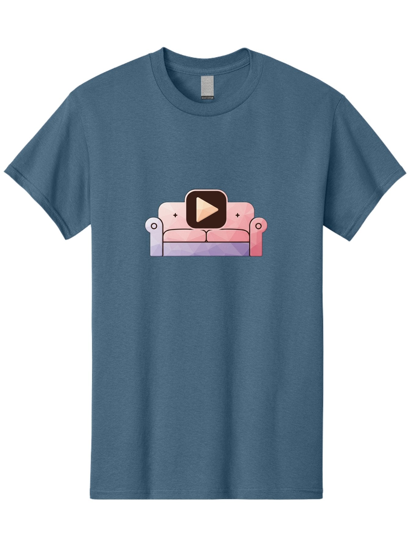 Play-Button-On-Couch Men'S Graphic Tee, 100% Cotton, Comfortable Casual Summer Wear, Machine Washable, Play Button Icon On A Sofa, Cartoon Style, Pink Couch, Purple Accents, Plus Signs, Play Symbol, Digital Illustration Bac327