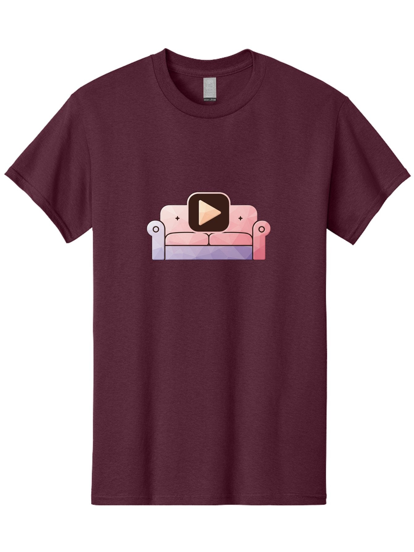 Play-Button-On-Couch Men'S Graphic Tee, 100% Cotton, Comfortable Casual Summer Wear, Machine Washable, Play Button Icon On A Sofa, Cartoon Style, Pink Couch, Purple Accents, Plus Signs, Play Symbol, Digital Illustration Bac327 12