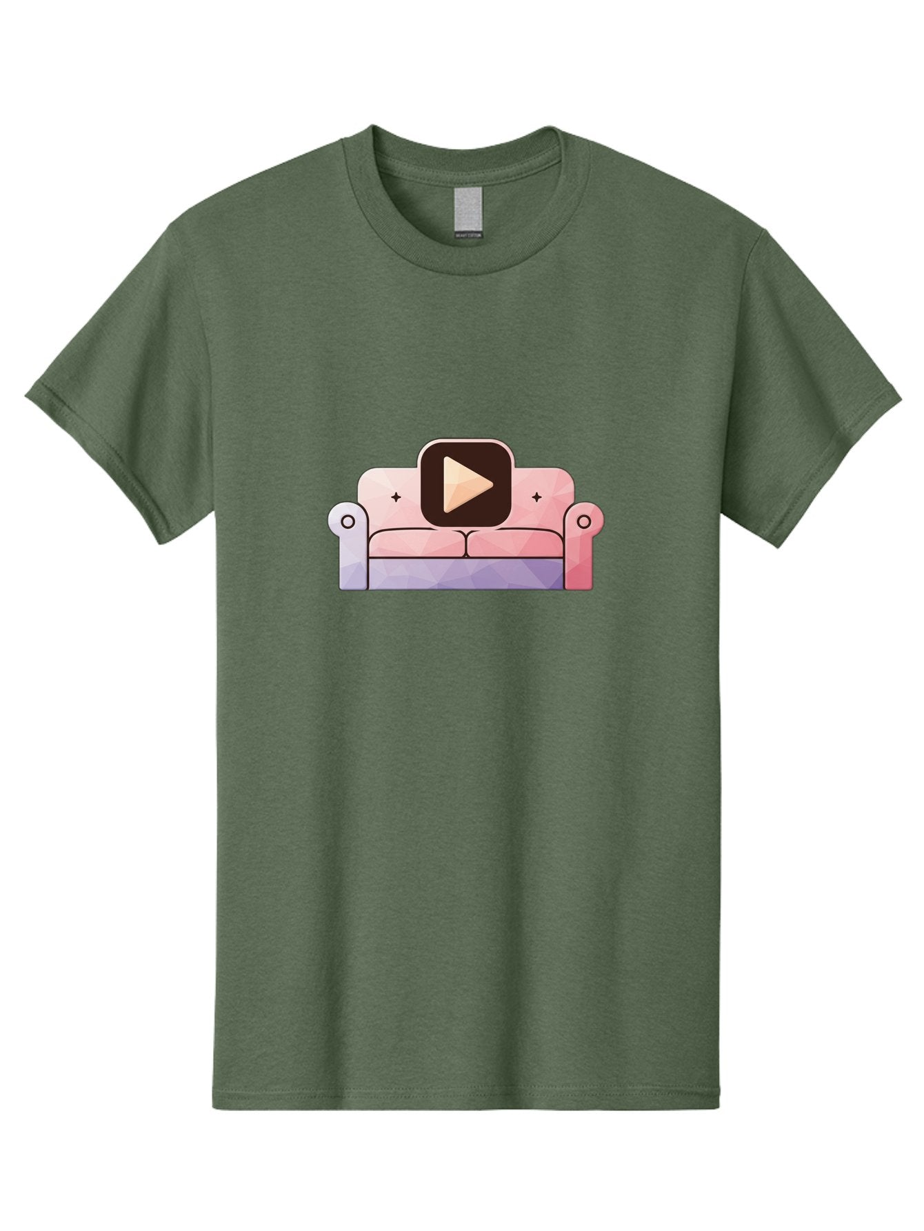 Play-Button-On-Couch Men'S Graphic Tee, 100% Cotton, Comfortable Casual Summer Wear, Machine Washable, Play Button Icon On A Sofa, Cartoon Style, Pink Couch, Purple Accents, Plus Signs, Play Symbol, Digital Illustration Bac327