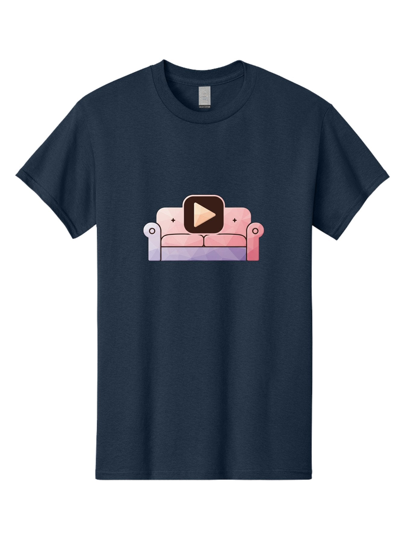 Play-Button-On-Couch Men'S Graphic Tee, 100% Cotton, Comfortable Casual Summer Wear, Machine Washable, Play Button Icon On A Sofa, Cartoon Style, Pink Couch, Purple Accents, Plus Signs, Play Symbol, Digital Illustration Bac327 13