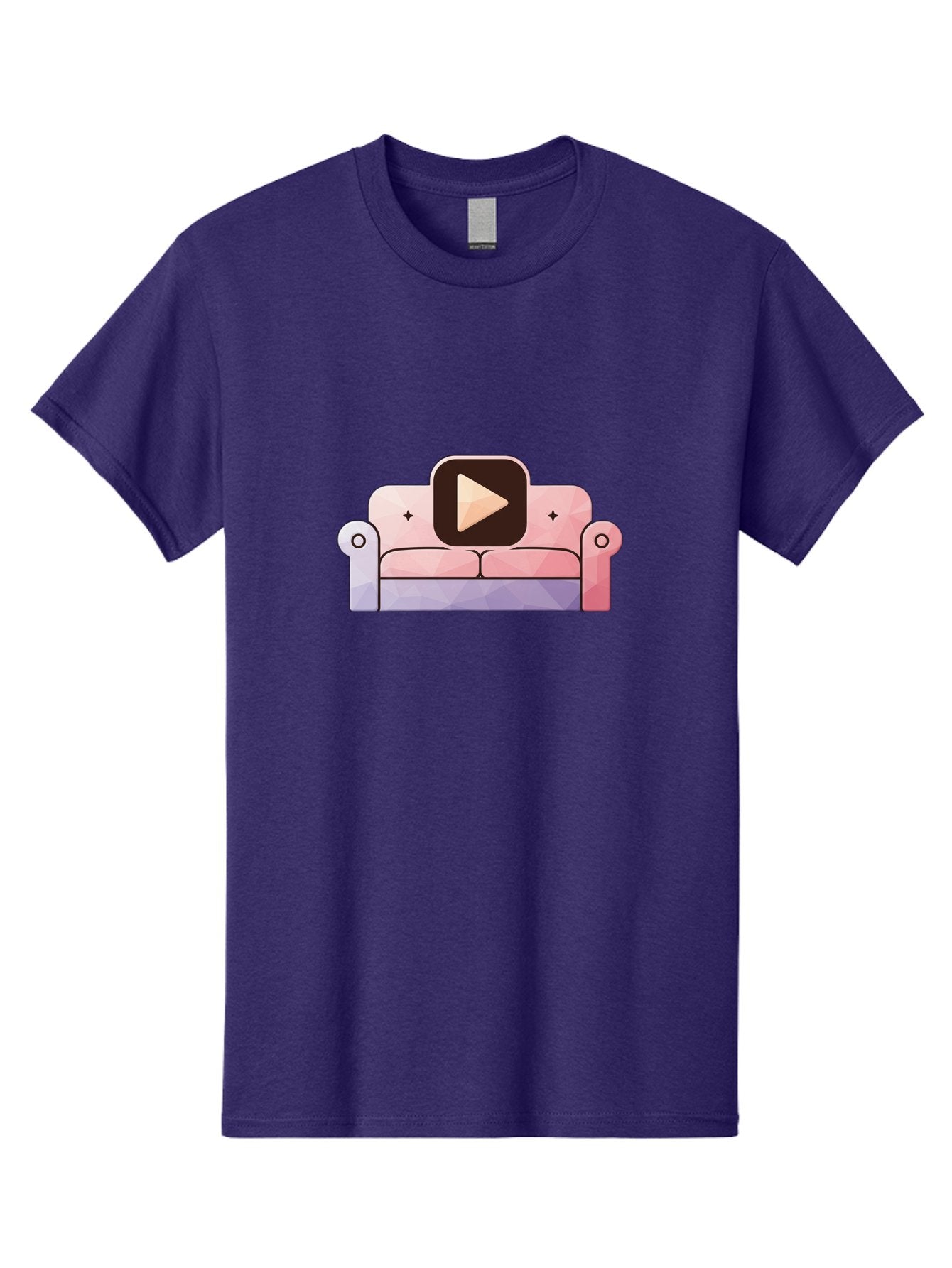 Play-Button-On-Couch Men'S Graphic Tee, 100% Cotton, Comfortable Casual Summer Wear, Machine Washable, Play Button Icon On A Sofa, Cartoon Style, Pink Couch, Purple Accents, Plus Signs, Play Symbol, Digital Illustration Bac327 11