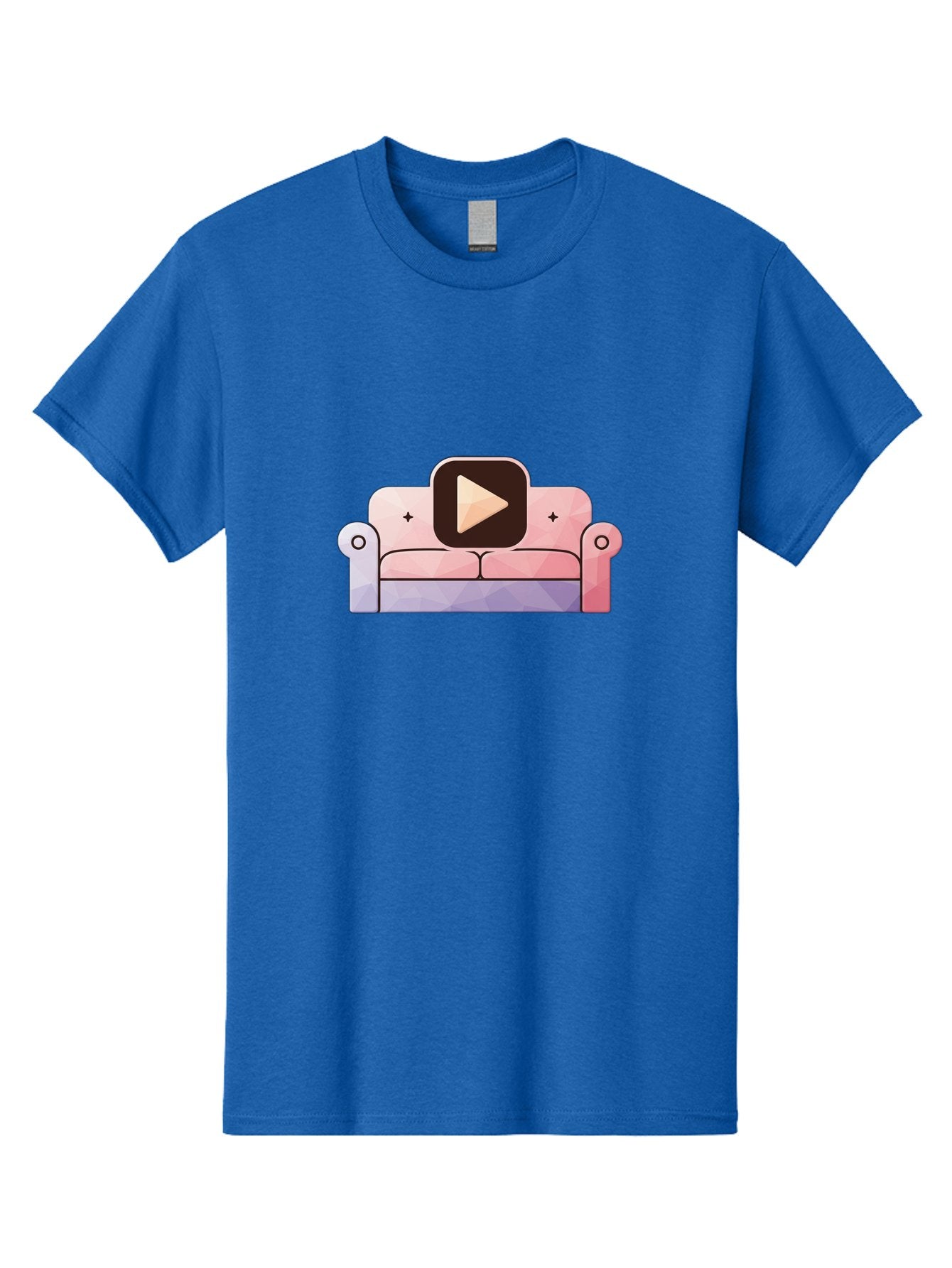 Play-Button-On-Couch Men'S Graphic Tee, 100% Cotton, Comfortable Casual Summer Wear, Machine Washable, Play Button Icon On A Sofa, Cartoon Style, Pink Couch, Purple Accents, Plus Signs, Play Symbol, Digital Illustration Bac327 9