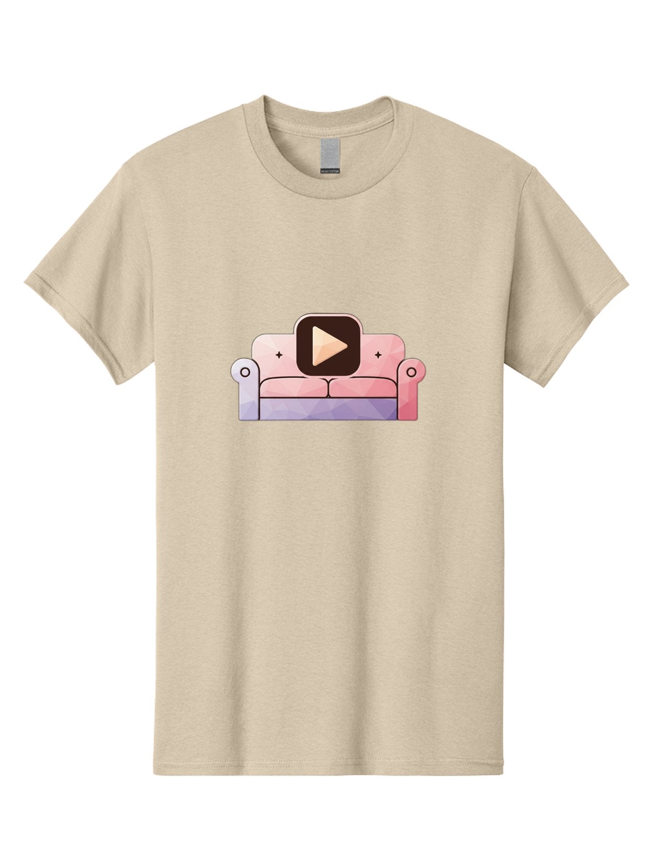 Play-Button-On-Couch Men'S Graphic Tee, 100% Cotton, Comfortable Casual Summer Wear, Machine Washable, Play Button Icon On A Sofa, Cartoon Style, Pink Couch, Purple Accents, Plus Signs, Play Symbol, Digital Illustration Bac327 8