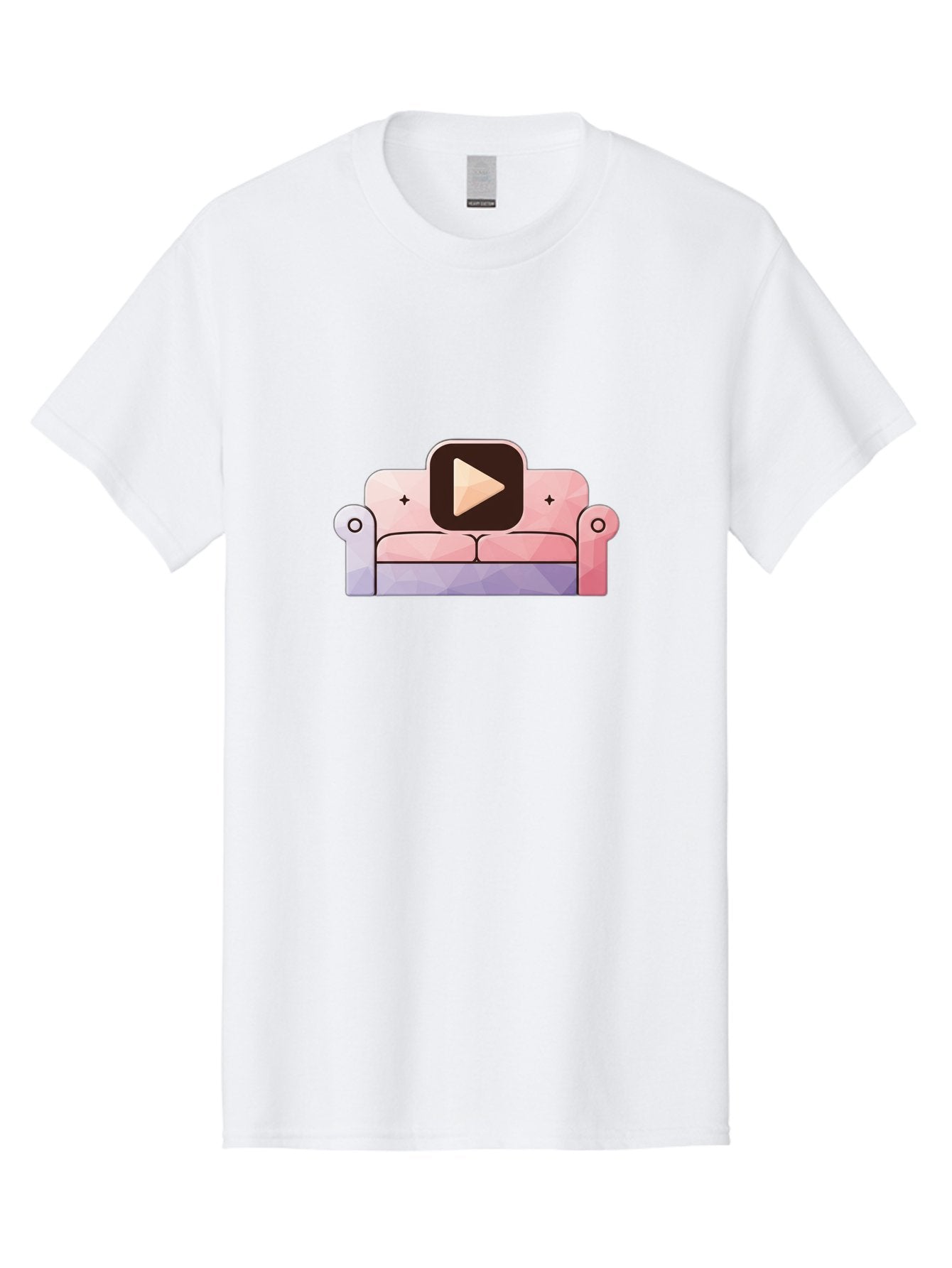 Play-Button-On-Couch Men'S Graphic Tee, 100% Cotton, Comfortable Casual Summer Wear, Machine Washable, Play Button Icon On A Sofa, Cartoon Style, Pink Couch, Purple Accents, Plus Signs, Play Symbol, Digital Illustration Bac327 7