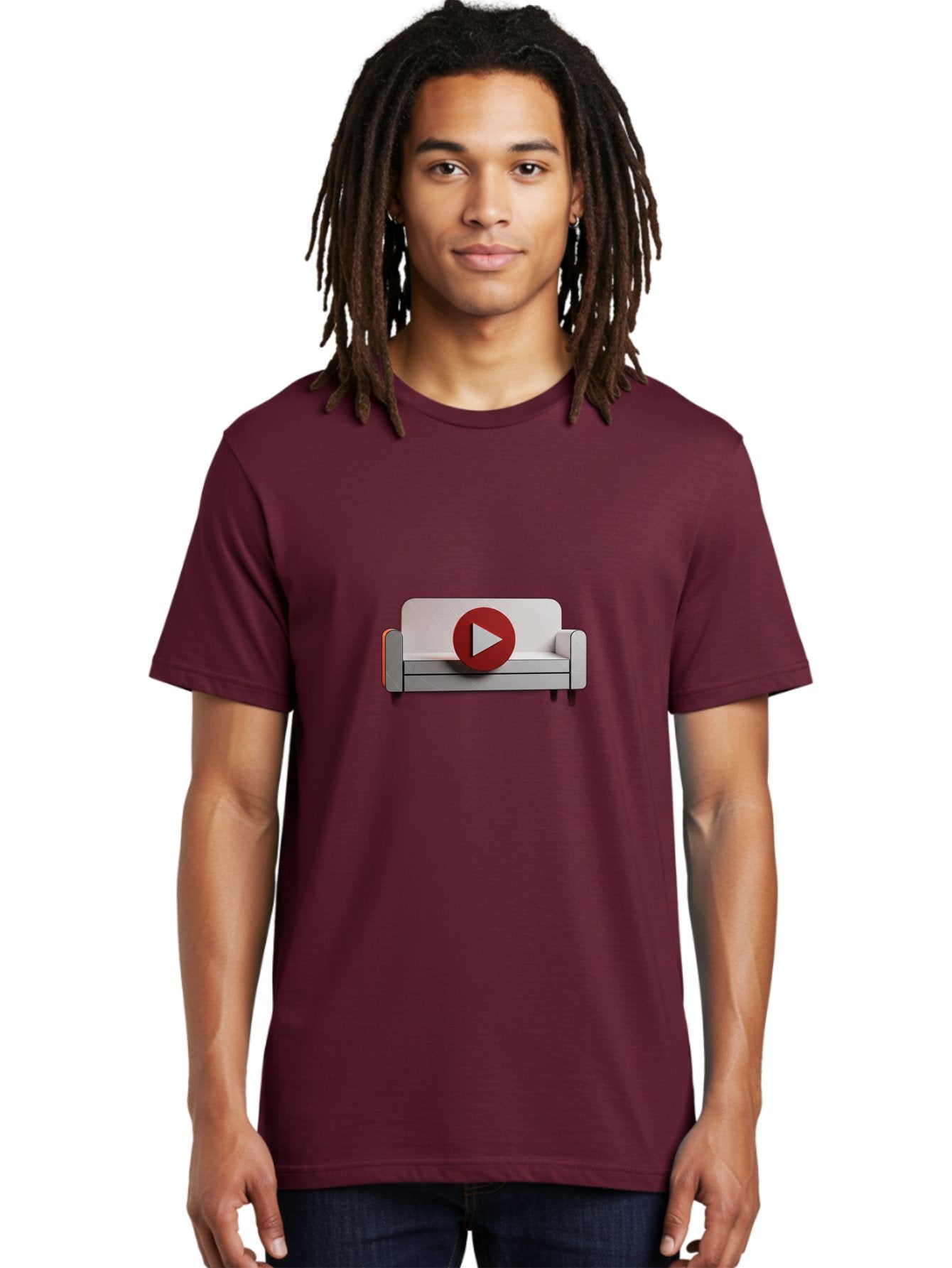 Play-Button-On-Sofa Men'S Graphic Tee, 100% Cotton, Comfortable Casual Summer Wear, Machine Washable, Play Button On Couch, Video Play Icon, Sofa Furniture, 3D Illustration, Modern Interior Design, Home Decor, Digital Media, Entertainment, Bac328 29