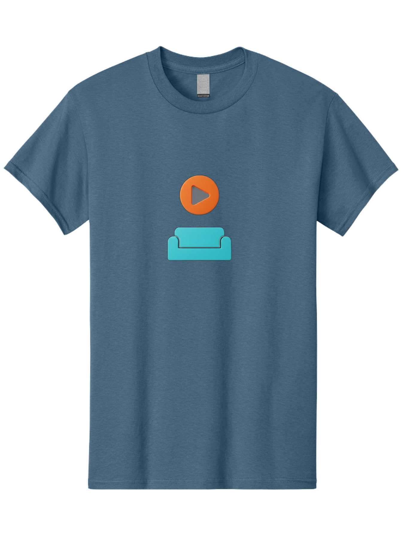 Play-Button-Sofa Men'S Graphic Tee, 100% Cotton, Comfortable Casual Summer Wear, Machine Washable, Play Button, Sofa, Blue Couch, Entertainment, Relaxation, Orange Circle, Gray Play Icon, Digital Illustration, Modern Design Bac329 3
