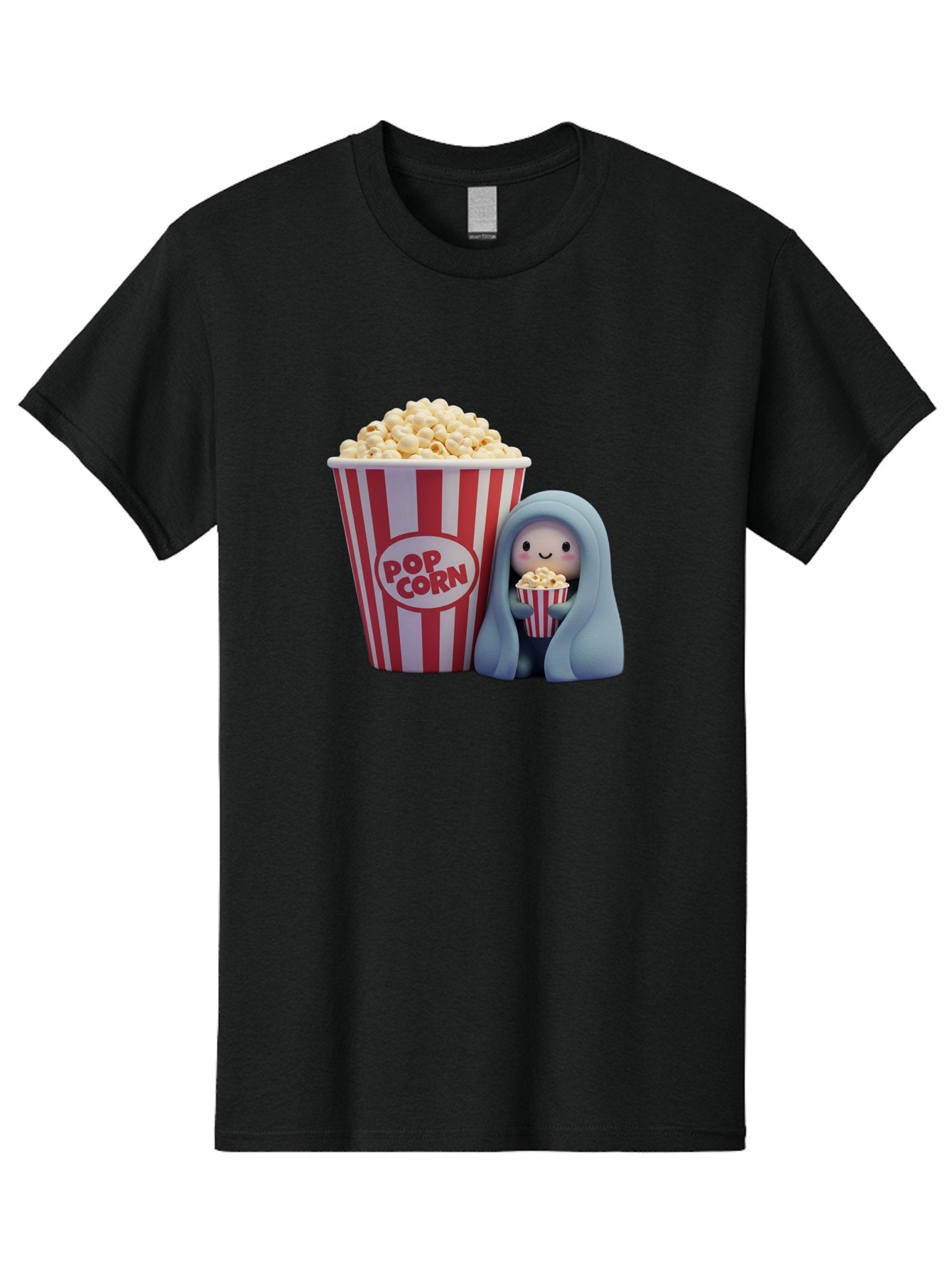 Pop-Corn Men'S Graphic Tee, 100% Cotton, Comfortable Casual Summer Wear, Machine Washable, Cartoon Character, Red And White Striped Container, Small Bucket Of Popcorn, Cute Figurine, Blue Hooded Figure, Smiling Face, Fun Snack, Playful Vibe, Bac336 7