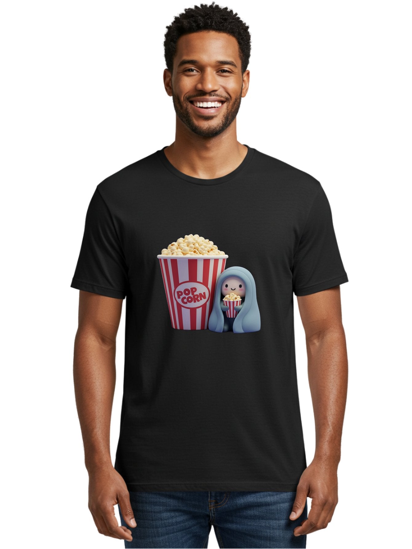 Pop-Corn Men'S Graphic Tee, 100% Cotton, Comfortable Casual Summer Wear, Machine Washable, Cartoon Character, Red And White Striped Container, Small Bucket Of Popcorn, Cute Figurine, Blue Hooded Figure, Smiling Face, Fun Snack, Playful Vibe, Bac336 16