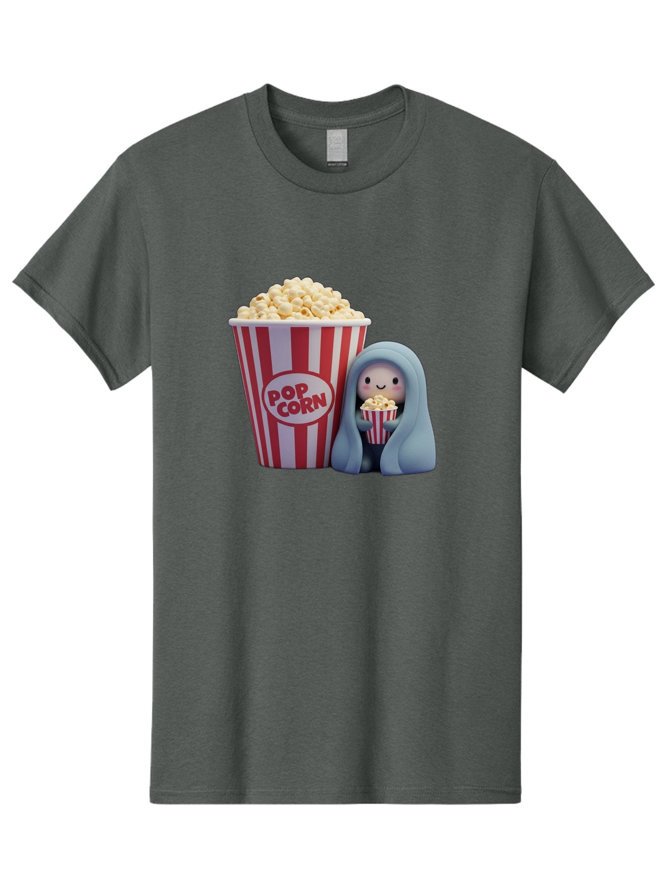 Pop-Corn Men'S Graphic Tee, 100% Cotton, Comfortable Casual Summer Wear, Machine Washable, Cartoon Character, Red And White Striped Container, Small Bucket Of Popcorn, Cute Figurine, Blue Hooded Figure, Smiling Face, Fun Snack, Playful Vibe, Bac336