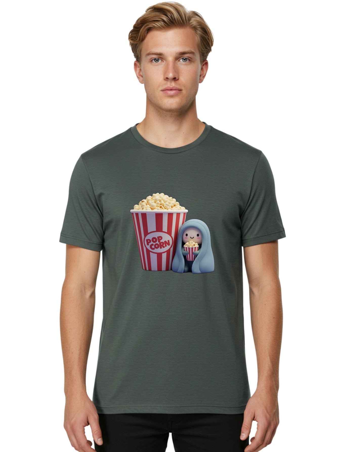Pop-Corn Men'S Graphic Tee, 100% Cotton, Comfortable Casual Summer Wear, Machine Washable, Cartoon Character, Red And White Striped Container, Small Bucket Of Popcorn, Cute Figurine, Blue Hooded Figure, Smiling Face, Fun Snack, Playful Vibe, Bac336 21