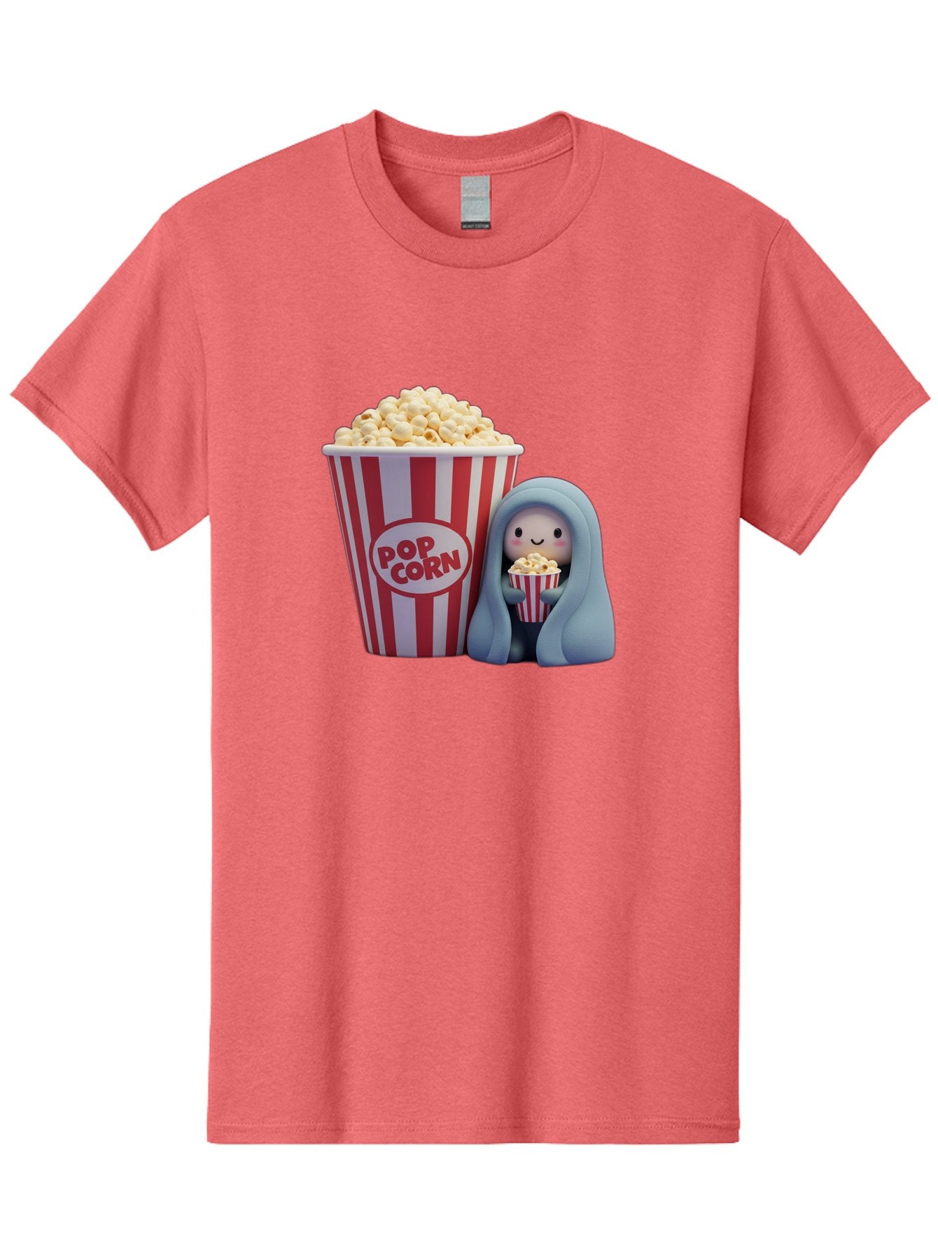 Pop-Corn Men'S Graphic Tee, 100% Cotton, Comfortable Casual Summer Wear, Machine Washable, Cartoon Character, Red And White Striped Container, Small Bucket Of Popcorn, Cute Figurine, Blue Hooded Figure, Smiling Face, Fun Snack, Playful Vibe, Bac336 10