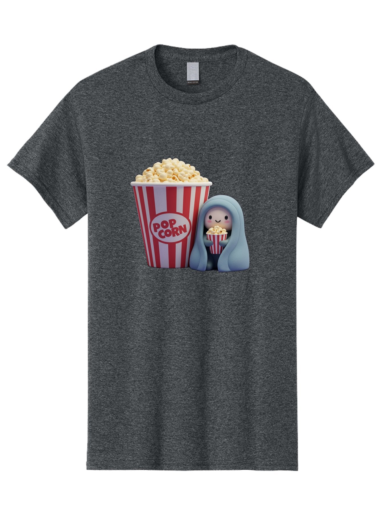 Pop-Corn Men'S Graphic Tee, 100% Cotton, Comfortable Casual Summer Wear, Machine Washable, Cartoon Character, Red And White Striped Container, Small Bucket Of Popcorn, Cute Figurine, Blue Hooded Figure, Smiling Face, Fun Snack, Playful Vibe, Bac336