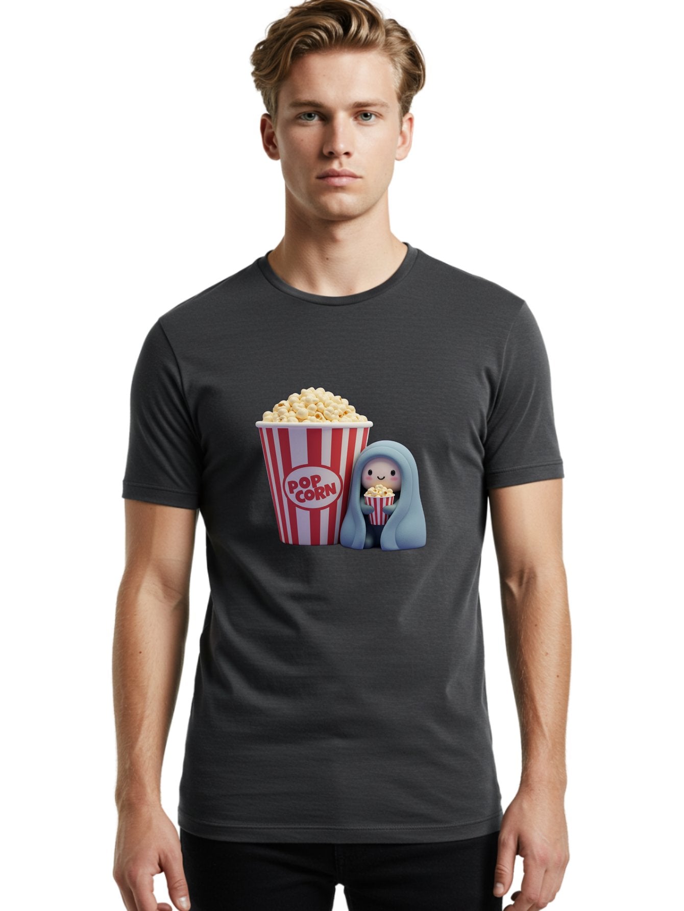 Pop-Corn Men'S Graphic Tee, 100% Cotton, Comfortable Casual Summer Wear, Machine Washable, Cartoon Character, Red And White Striped Container, Small Bucket Of Popcorn, Cute Figurine, Blue Hooded Figure, Smiling Face, Fun Snack, Playful Vibe, Bac336 19