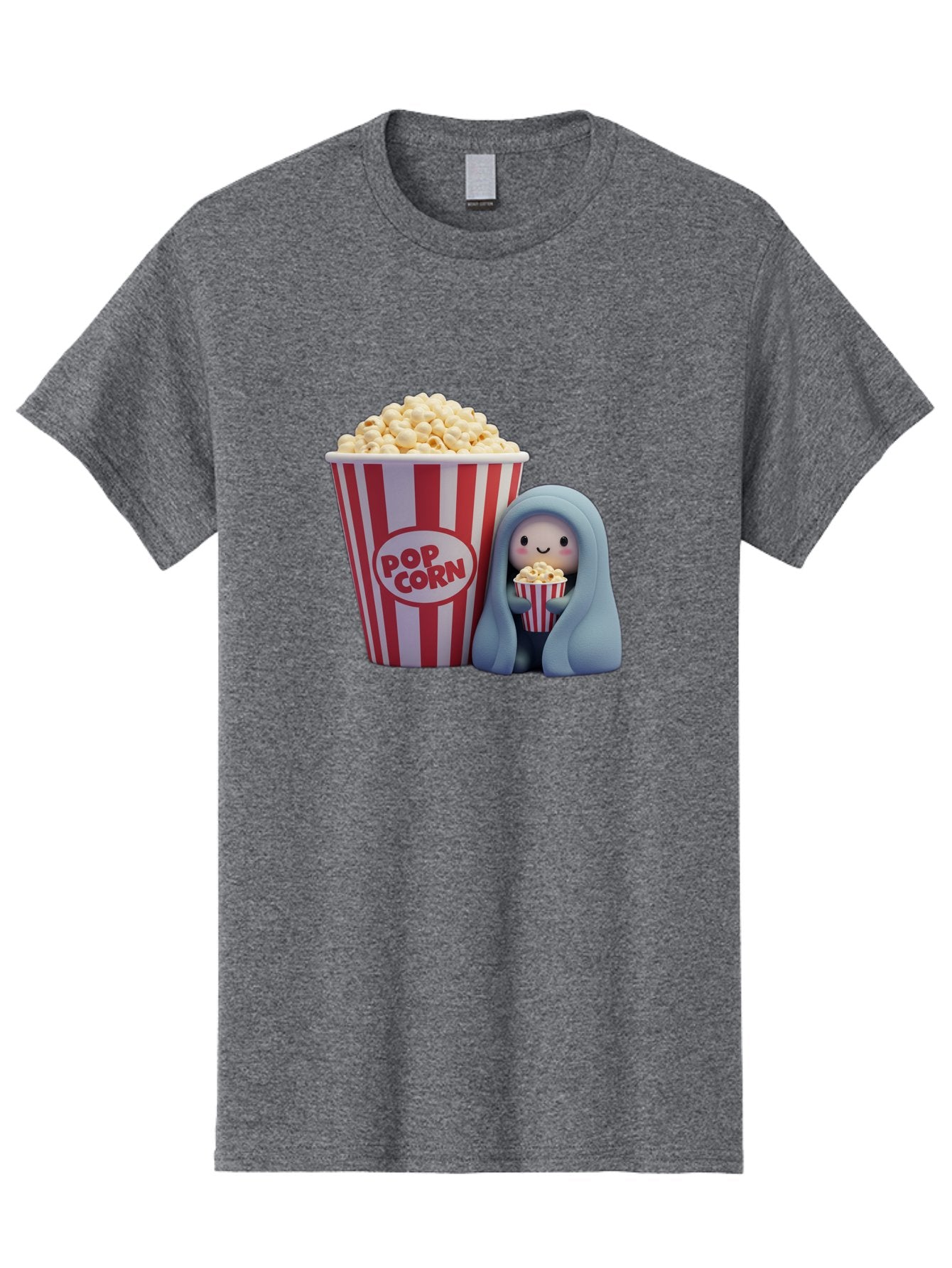 Pop-Corn Men'S Graphic Tee, 100% Cotton, Comfortable Casual Summer Wear, Machine Washable, Cartoon Character, Red And White Striped Container, Small Bucket Of Popcorn, Cute Figurine, Blue Hooded Figure, Smiling Face, Fun Snack, Playful Vibe, Bac336 12