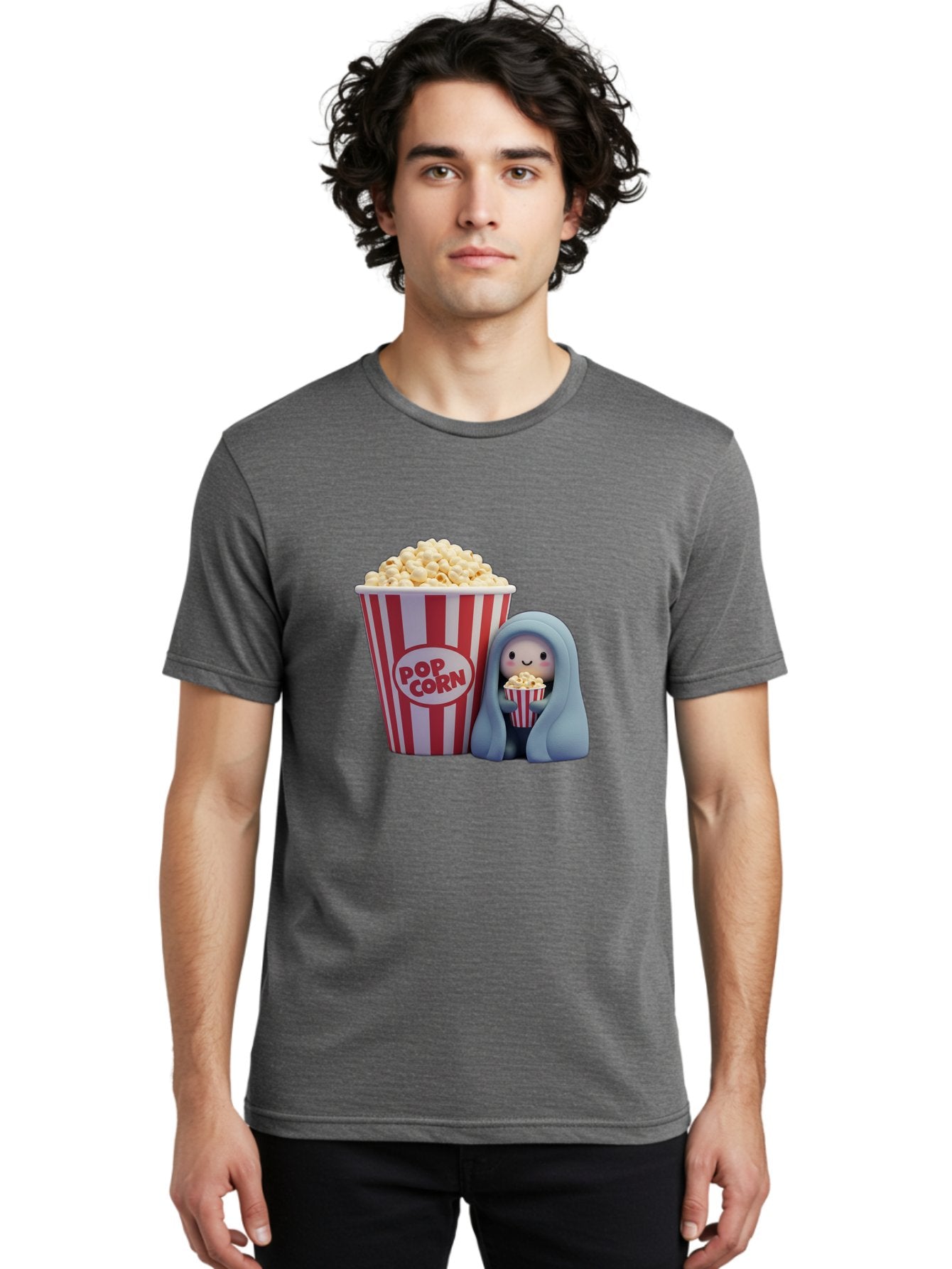 Pop-Corn Men'S Graphic Tee, 100% Cotton, Comfortable Casual Summer Wear, Machine Washable, Cartoon Character, Red And White Striped Container, Small Bucket Of Popcorn, Cute Figurine, Blue Hooded Figure, Smiling Face, Fun Snack, Playful Vibe, Bac336 28