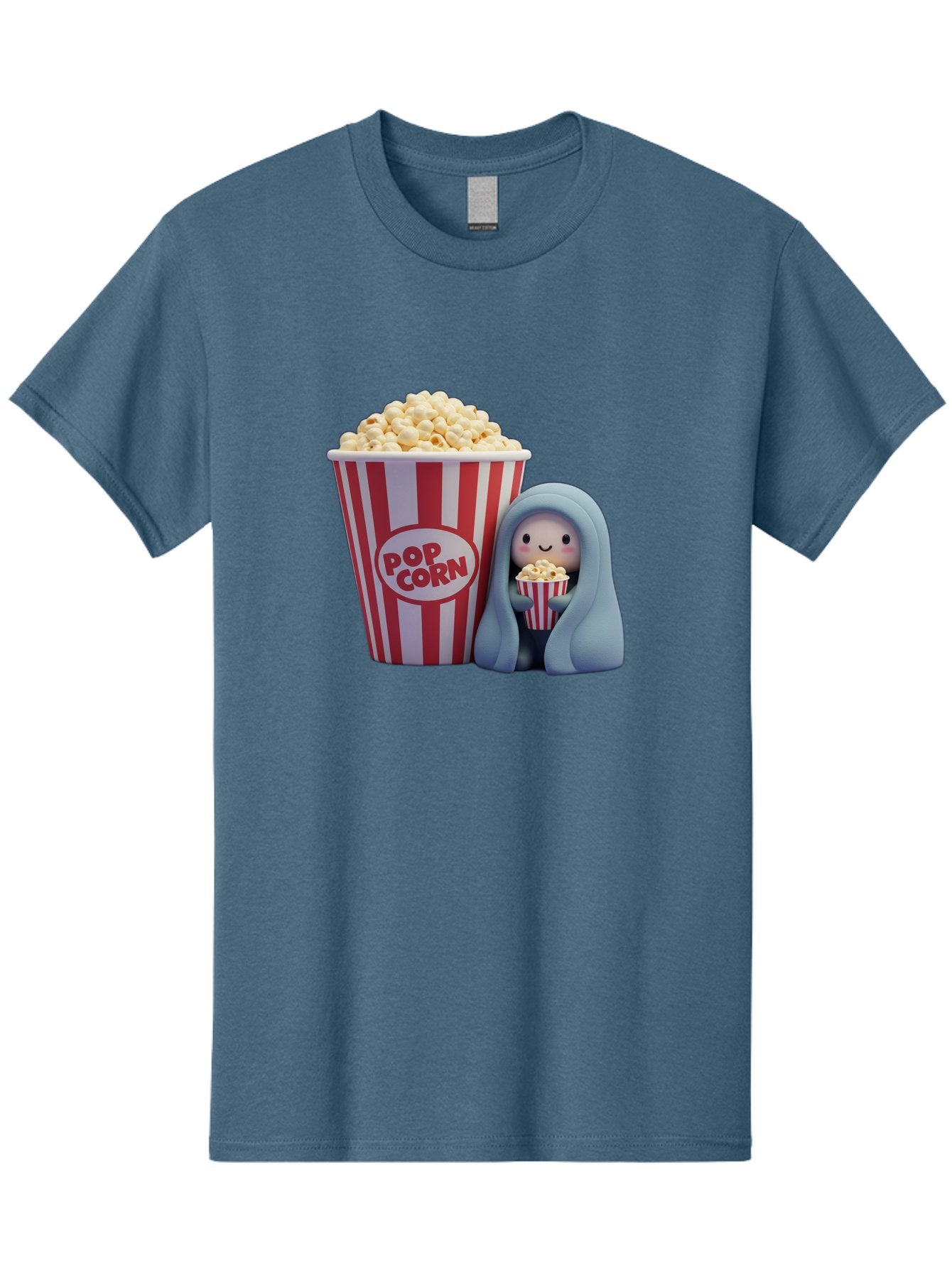 Pop-Corn Men'S Graphic Tee, 100% Cotton, Comfortable Casual Summer Wear, Machine Washable, Cartoon Character, Red And White Striped Container, Small Bucket Of Popcorn, Cute Figurine, Blue Hooded Figure, Smiling Face, Fun Snack, Playful Vibe, Bac336 8