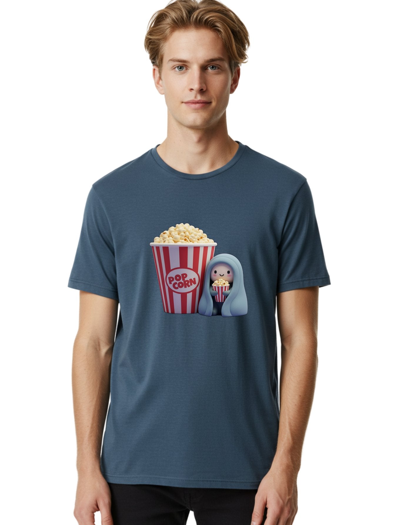 Pop-Corn Men'S Graphic Tee, 100% Cotton, Comfortable Casual Summer Wear, Machine Washable, Cartoon Character, Red And White Striped Container, Small Bucket Of Popcorn, Cute Figurine, Blue Hooded Figure, Smiling Face, Fun Snack, Playful Vibe, Bac336 25