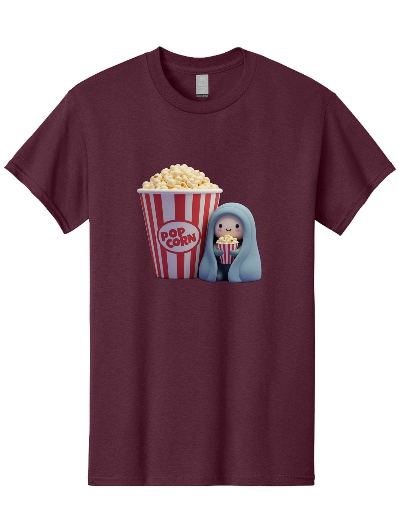 Pop-Corn Men'S Graphic Tee, 100% Cotton, Comfortable Casual Summer Wear, Machine Washable, Cartoon Character, Red And White Striped Container, Small Bucket Of Popcorn, Cute Figurine, Blue Hooded Figure, Smiling Face, Fun Snack, Playful Vibe, Bac336 13