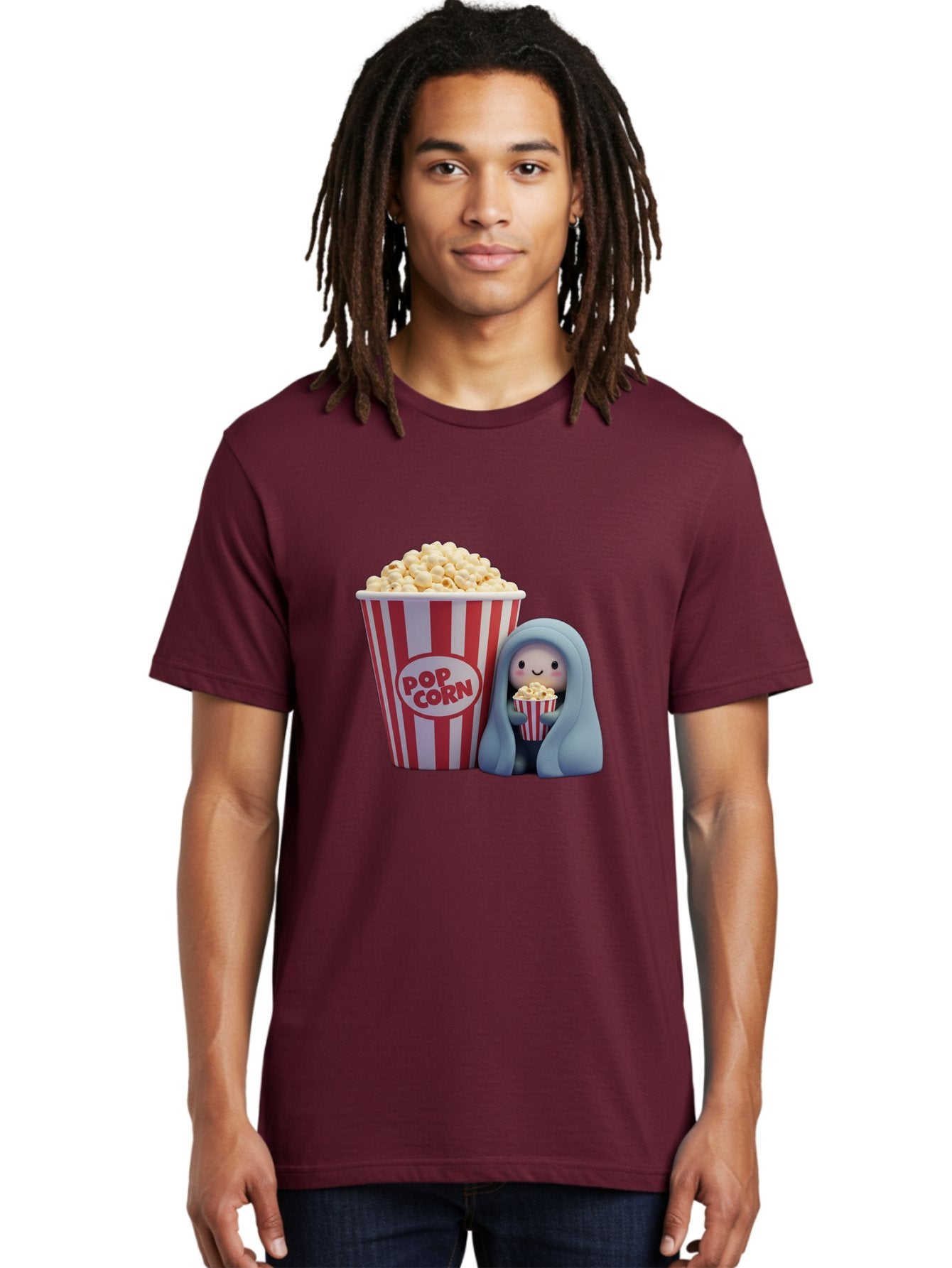 Pop-Corn Men'S Graphic Tee, 100% Cotton, Comfortable Casual Summer Wear, Machine Washable, Cartoon Character, Red And White Striped Container, Small Bucket Of Popcorn, Cute Figurine, Blue Hooded Figure, Smiling Face, Fun Snack, Playful Vibe, Bac336 20