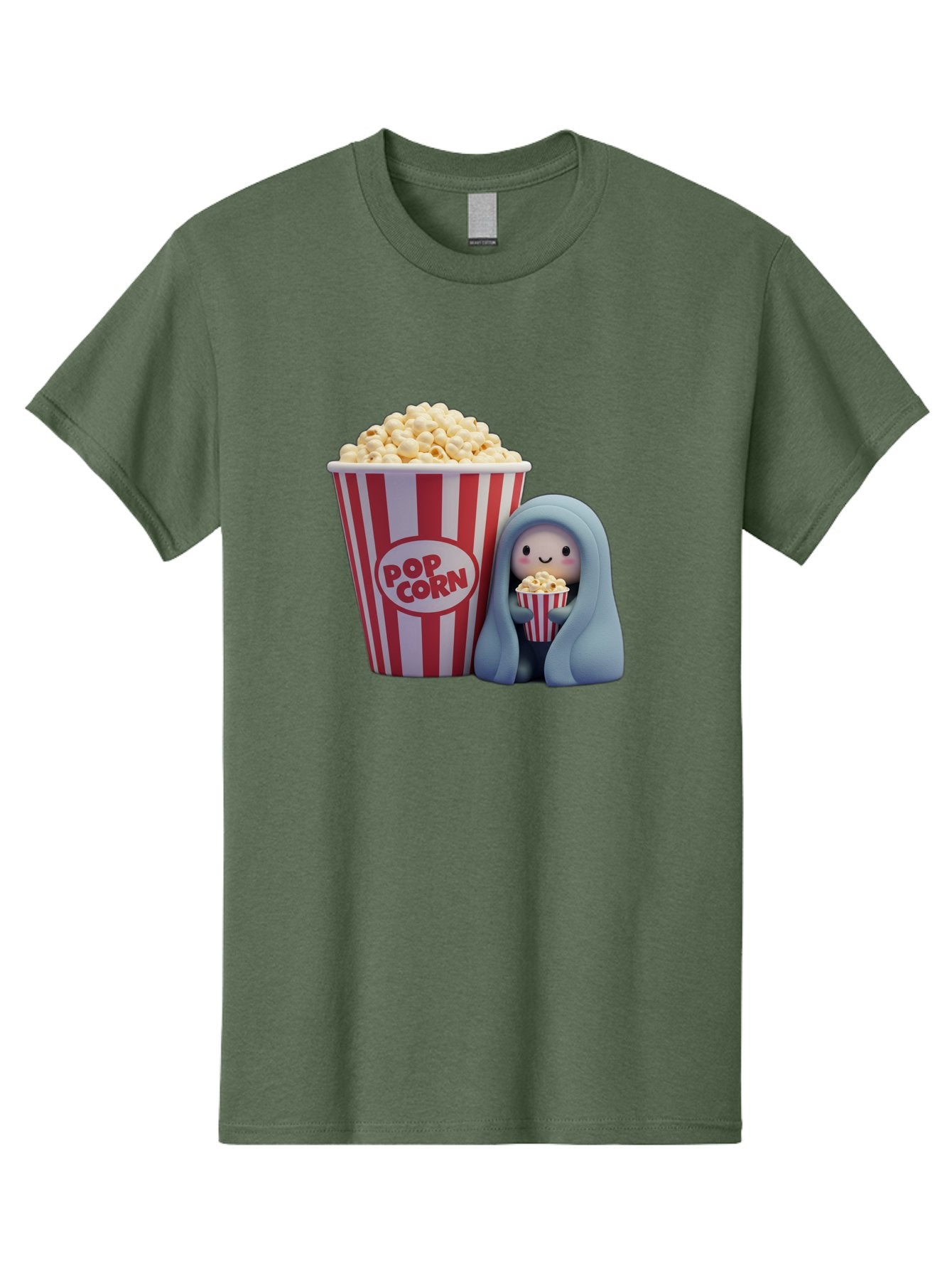 Pop-Corn Men'S Graphic Tee, 100% Cotton, Comfortable Casual Summer Wear, Machine Washable, Cartoon Character, Red And White Striped Container, Small Bucket Of Popcorn, Cute Figurine, Blue Hooded Figure, Smiling Face, Fun Snack, Playful Vibe, Bac336 11