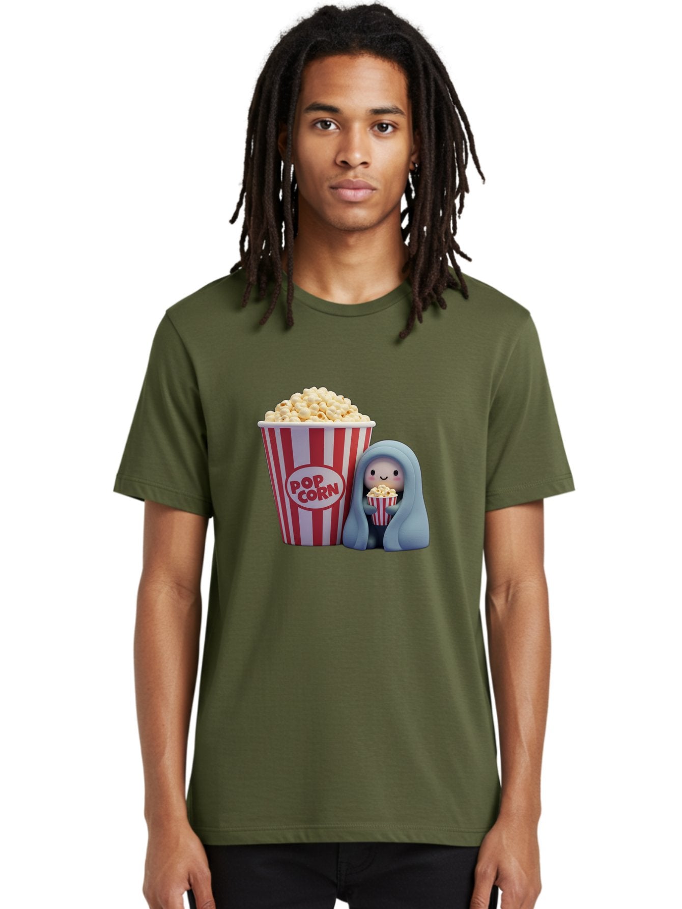 Pop-Corn Men'S Graphic Tee, 100% Cotton, Comfortable Casual Summer Wear, Machine Washable, Cartoon Character, Red And White Striped Container, Small Bucket Of Popcorn, Cute Figurine, Blue Hooded Figure, Smiling Face, Fun Snack, Playful Vibe, Bac336 27