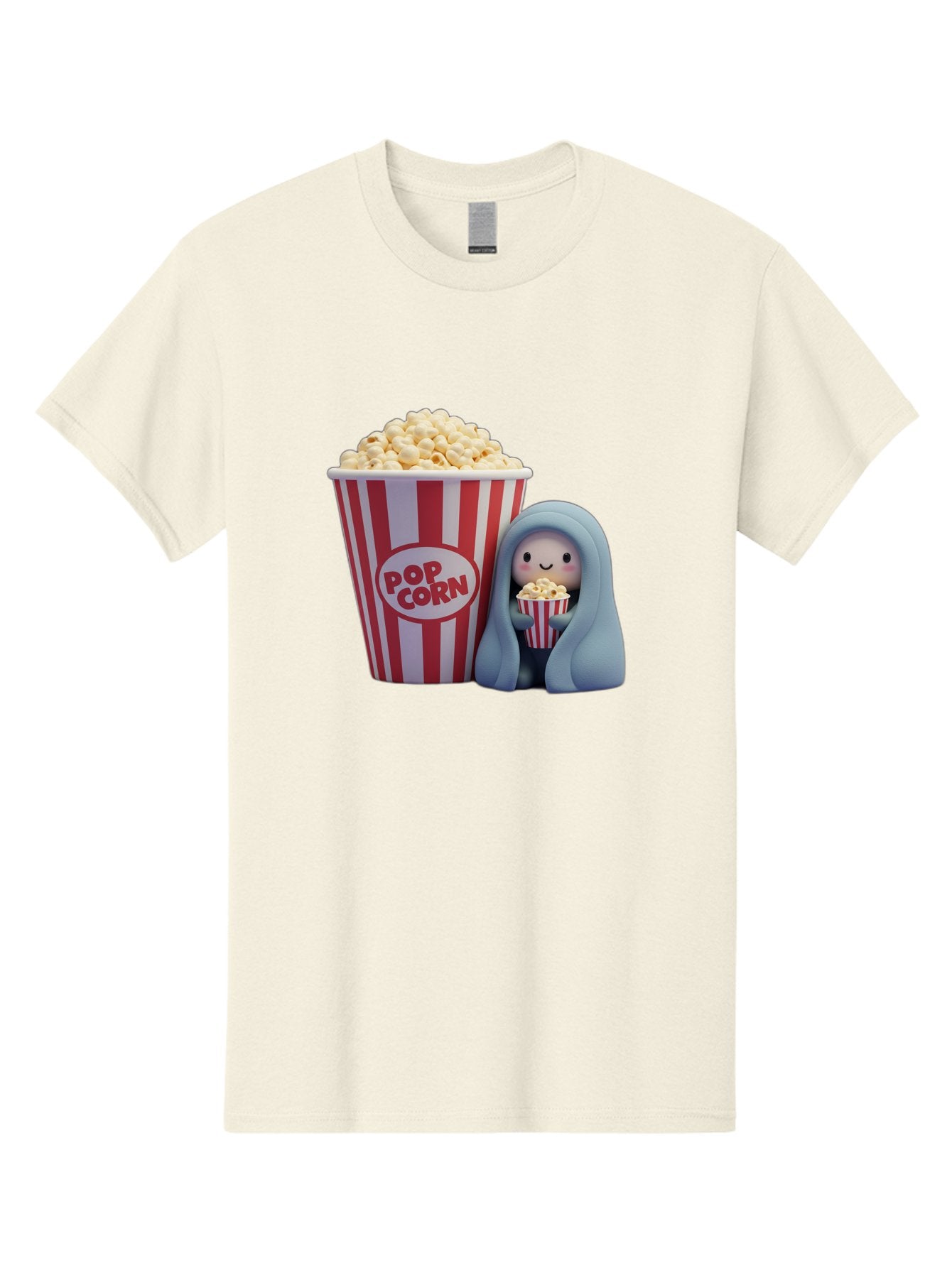Pop-Corn Men'S Graphic Tee, 100% Cotton, Comfortable Casual Summer Wear, Machine Washable, Cartoon Character, Red And White Striped Container, Small Bucket Of Popcorn, Cute Figurine, Blue Hooded Figure, Smiling Face, Fun Snack, Playful Vibe, Bac336 14