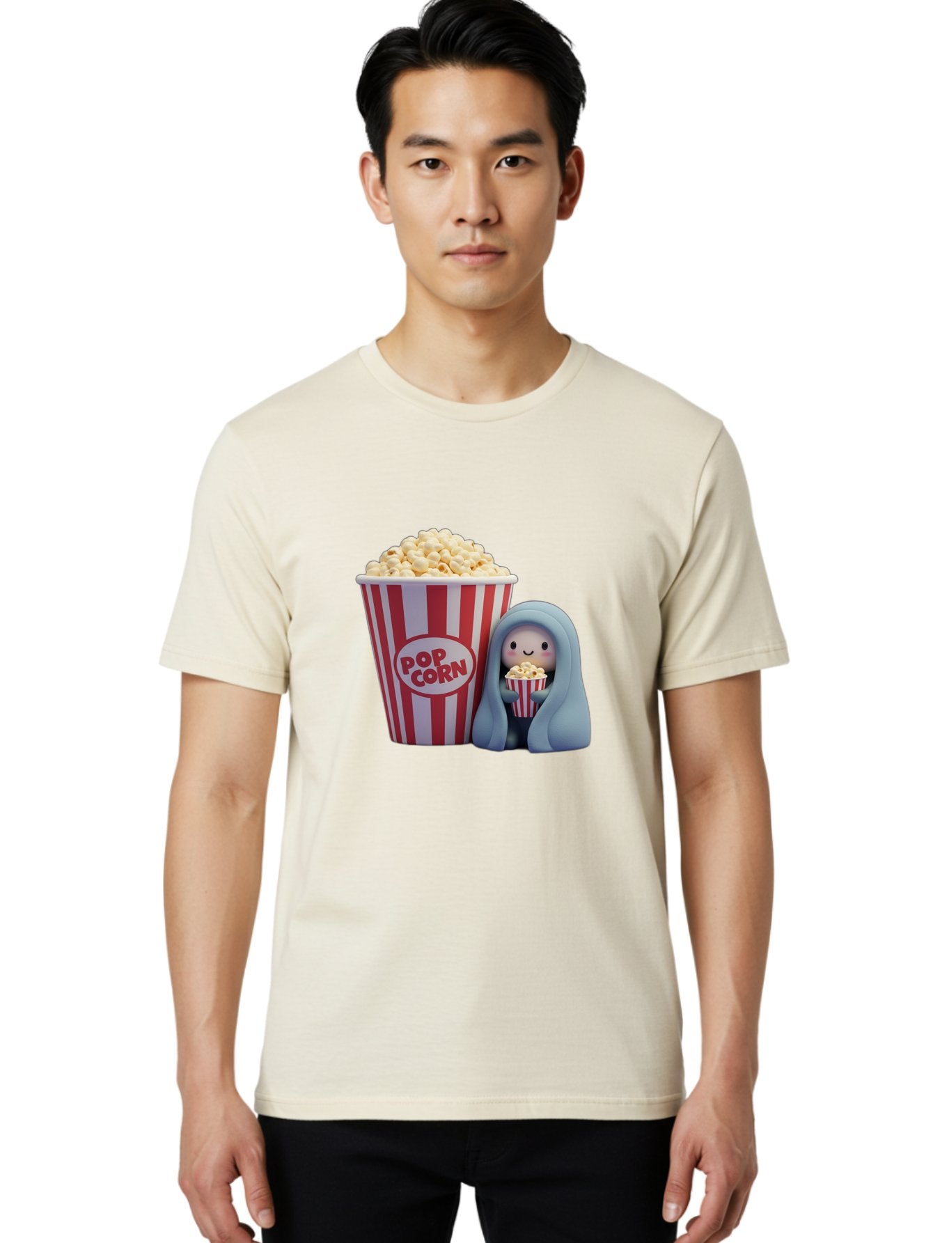 Pop-Corn Men'S Graphic Tee, 100% Cotton, Comfortable Casual Summer Wear, Machine Washable, Cartoon Character, Red And White Striped Container, Small Bucket Of Popcorn, Cute Figurine, Blue Hooded Figure, Smiling Face, Fun Snack, Playful Vibe, Bac336 29