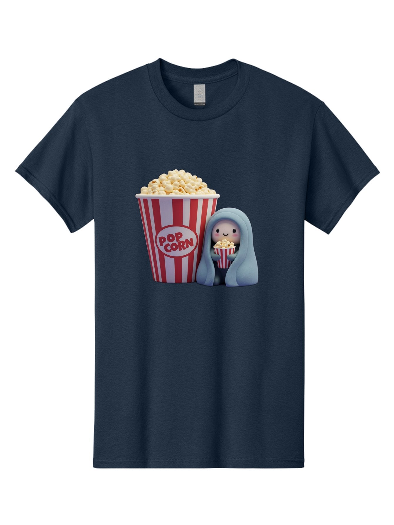 Pop-Corn Men'S Graphic Tee, 100% Cotton, Comfortable Casual Summer Wear, Machine Washable, Cartoon Character, Red And White Striped Container, Small Bucket Of Popcorn, Cute Figurine, Blue Hooded Figure, Smiling Face, Fun Snack, Playful Vibe, Bac336 15