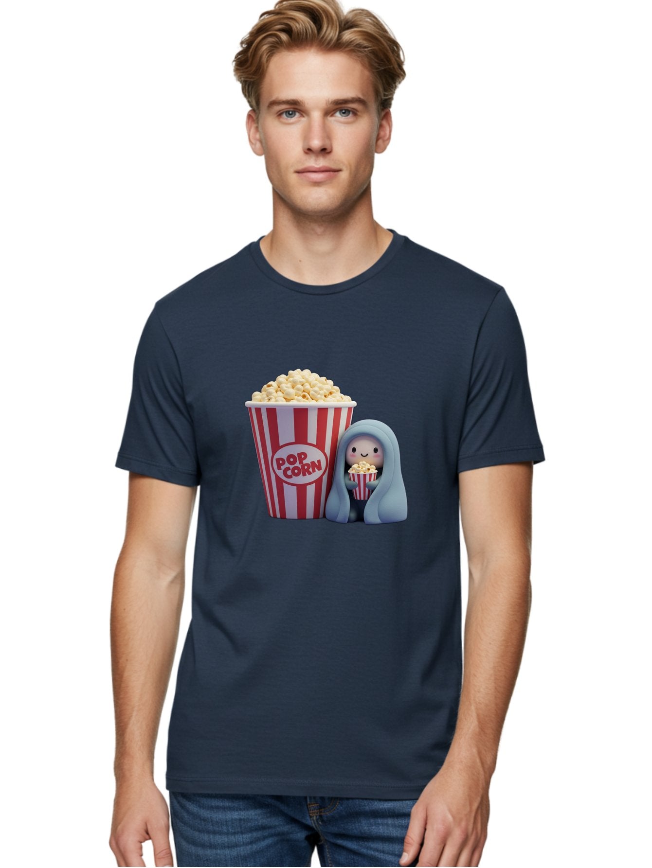 Pop-Corn Men'S Graphic Tee, 100% Cotton, Comfortable Casual Summer Wear, Machine Washable, Cartoon Character, Red And White Striped Container, Small Bucket Of Popcorn, Cute Figurine, Blue Hooded Figure, Smiling Face, Fun Snack, Playful Vibe, Bac336 30