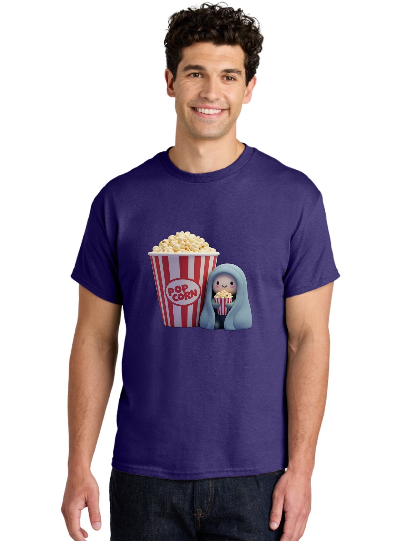 Pop-Corn Men'S Graphic Tee, 100% Cotton, Comfortable Casual Summer Wear, Machine Washable, Cartoon Character, Red And White Striped Container, Small Bucket Of Popcorn, Cute Figurine, Blue Hooded Figure, Smiling Face, Fun Snack, Playful Vibe, Bac336 26