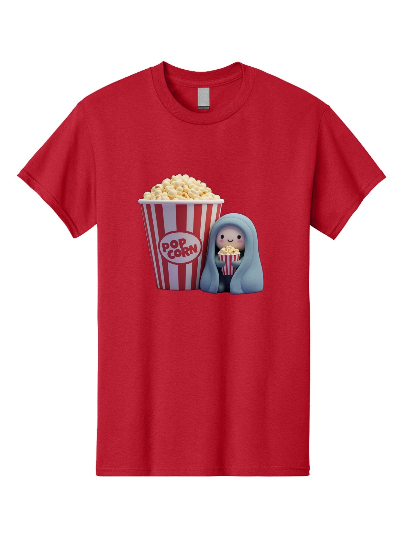 Pop-Corn Men'S Graphic Tee, 100% Cotton, Comfortable Casual Summer Wear, Machine Washable, Cartoon Character, Red And White Striped Container, Small Bucket Of Popcorn, Cute Figurine, Blue Hooded Figure, Smiling Face, Fun Snack, Playful Vibe, Bac336 3