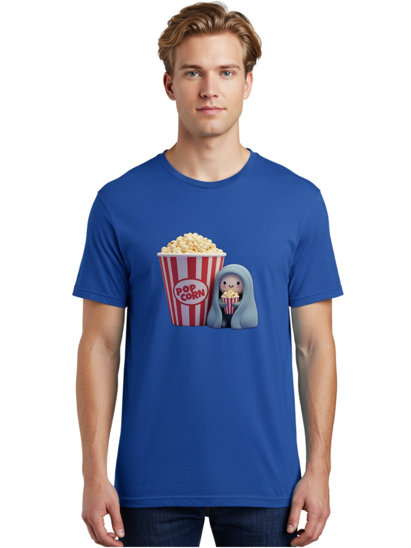 Pop-Corn Men'S Graphic Tee, 100% Cotton, Comfortable Casual Summer Wear, Machine Washable, Cartoon Character, Red And White Striped Container, Small Bucket Of Popcorn, Cute Figurine, Blue Hooded Figure, Smiling Face, Fun Snack, Playful Vibe, Bac336 23