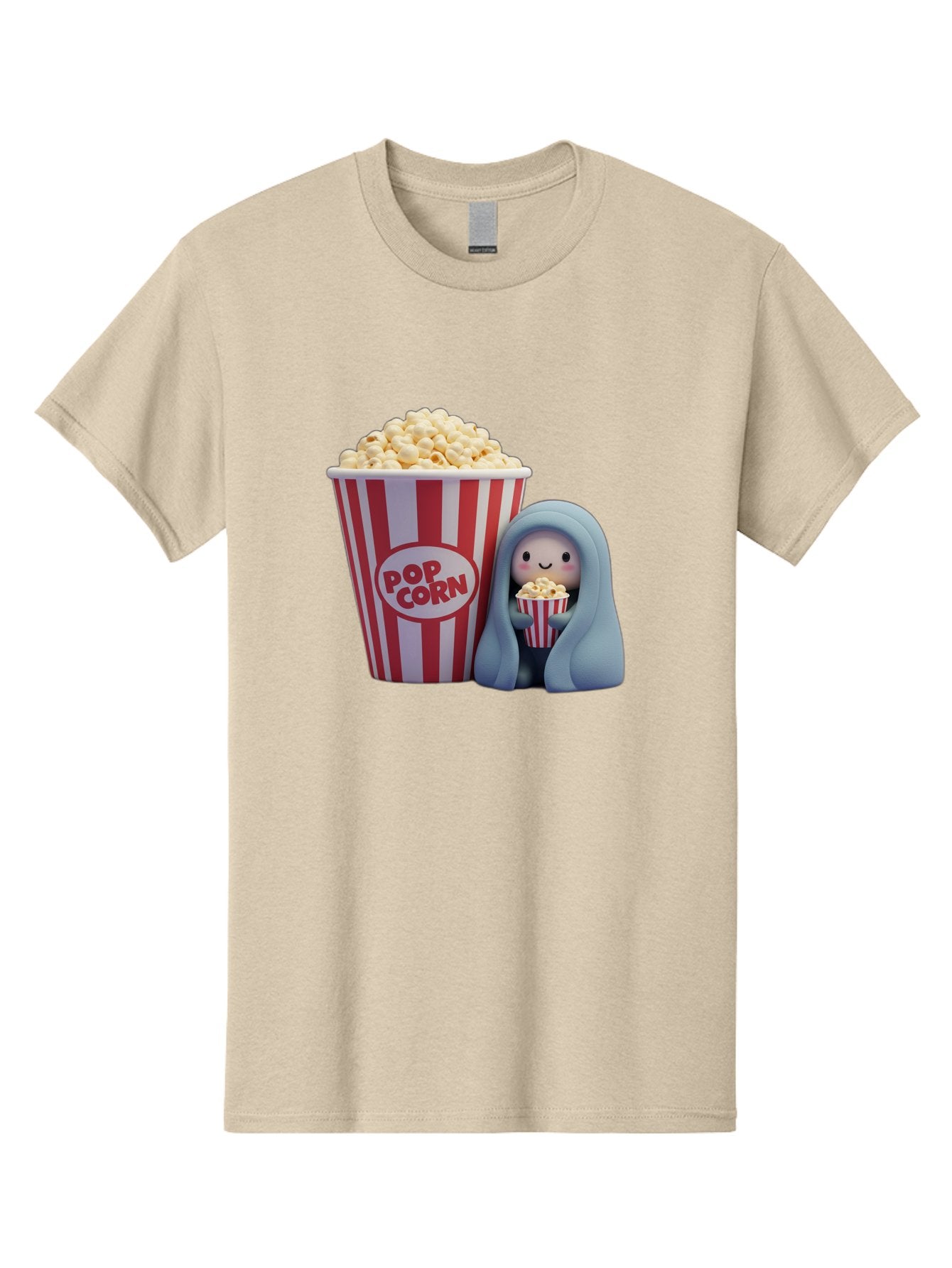 Pop-Corn Men'S Graphic Tee, 100% Cotton, Comfortable Casual Summer Wear, Machine Washable, Cartoon Character, Red And White Striped Container, Small Bucket Of Popcorn, Cute Figurine, Blue Hooded Figure, Smiling Face, Fun Snack, Playful Vibe, Bac336 4