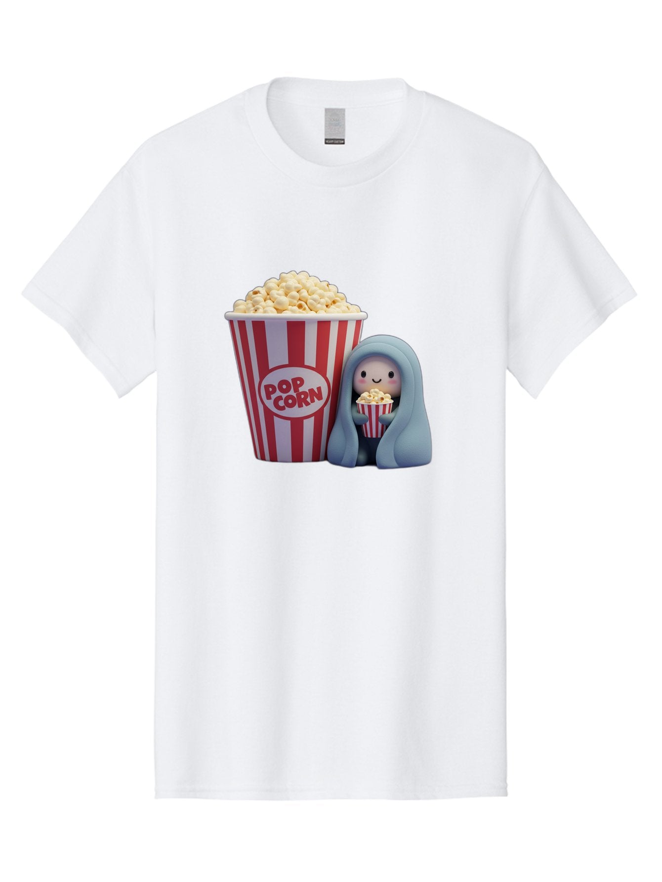 Pop-Corn Men'S Graphic Tee, 100% Cotton, Comfortable Casual Summer Wear, Machine Washable, Cartoon Character, Red And White Striped Container, Small Bucket Of Popcorn, Cute Figurine, Blue Hooded Figure, Smiling Face, Fun Snack, Playful Vibe, Bac336 6