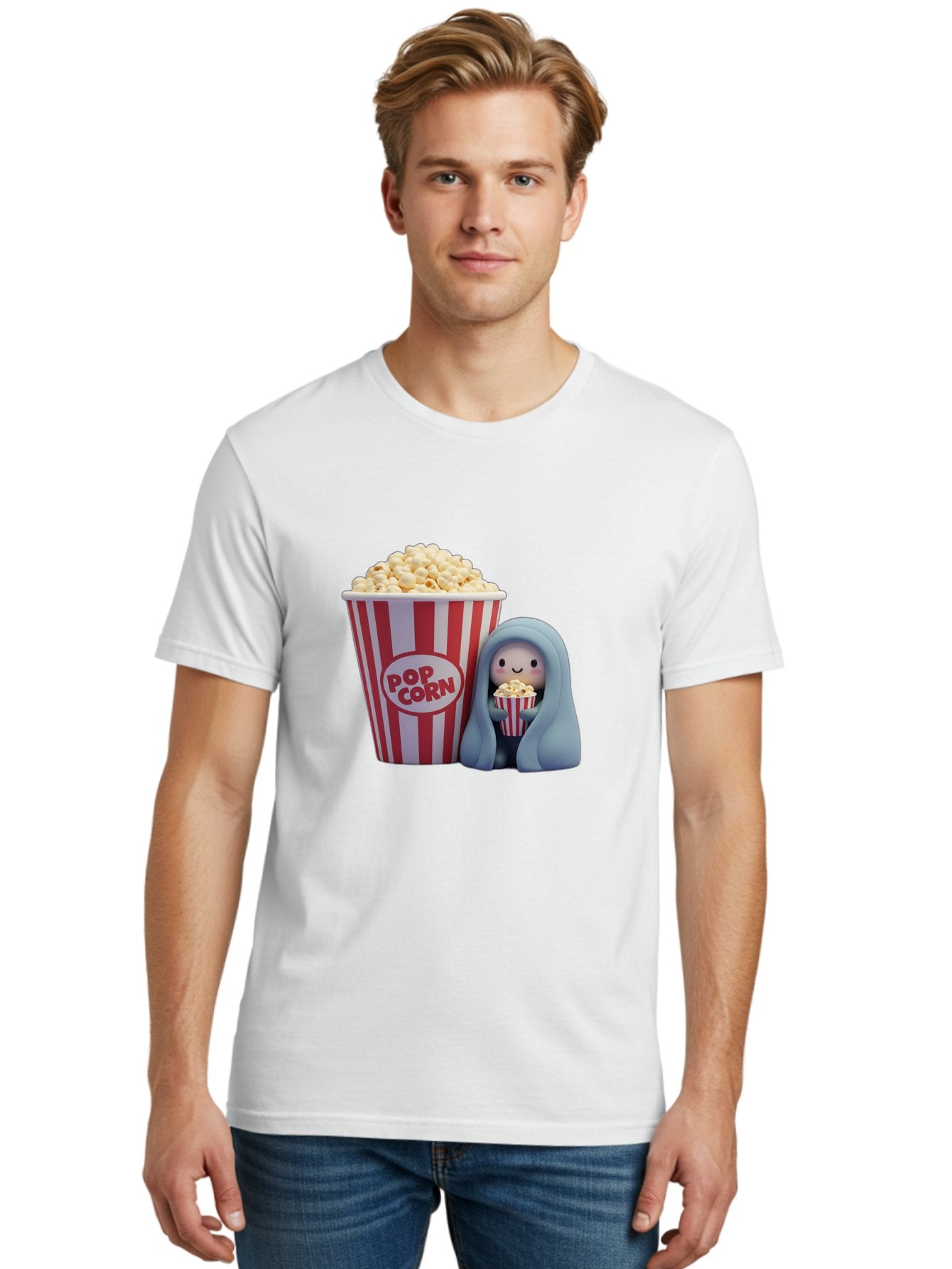 Pop-Corn Men'S Graphic Tee, 100% Cotton, Comfortable Casual Summer Wear, Machine Washable, Cartoon Character, Red And White Striped Container, Small Bucket Of Popcorn, Cute Figurine, Blue Hooded Figure, Smiling Face, Fun Snack, Playful Vibe, Bac336 24