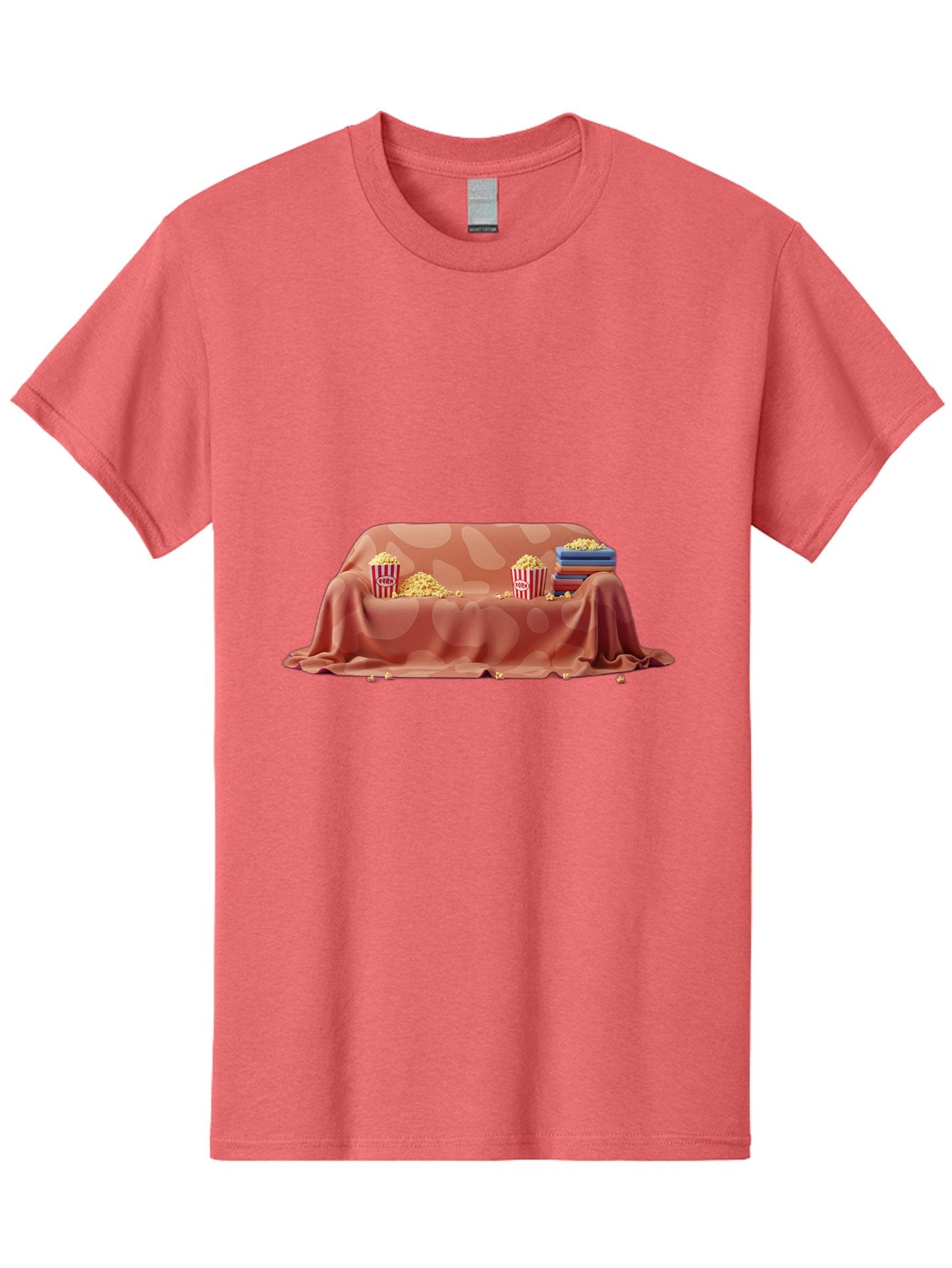 Popcorn-And-Dvd Men'S Graphic Tee, 100% Cotton, Comfortable Casual Summer Wear, Machine Washable, Popcorn Buckets, Pink Blanket, Scattered Popcorn, Stack Of Books, Cozy Atmosphere, Movie Night, Cinematic Experience, Red And White Stripes, Bac337 3