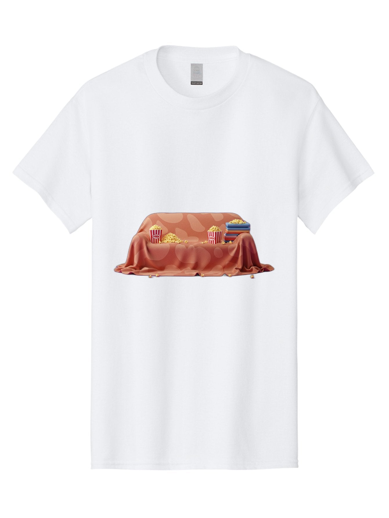 Popcorn-And-Dvd Men'S Graphic Tee, 100% Cotton, Comfortable Casual Summer Wear, Machine Washable, Popcorn Buckets, Pink Blanket, Scattered Popcorn, Stack Of Books, Cozy Atmosphere, Movie Night, Cinematic Experience, Red And White Stripes, Bac337 12