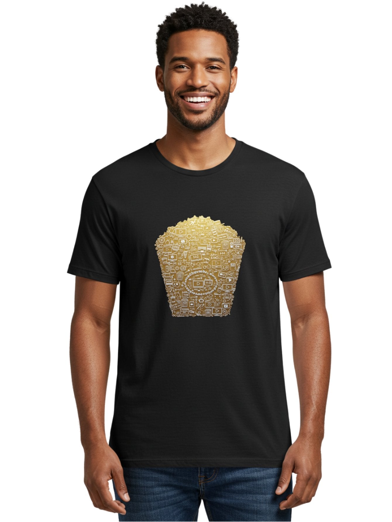 Popcorn Men'S Graphic Tee, 100% Cotton, Comfortable Casual Summer Wear, Machine Washable, Popcorn Bucket, Play Button, Video Icons, Social Media Symbols, Digital Media, Online Content, Entertainment, Multimedia Icons, Film Strip, Video Player, Bac339 22