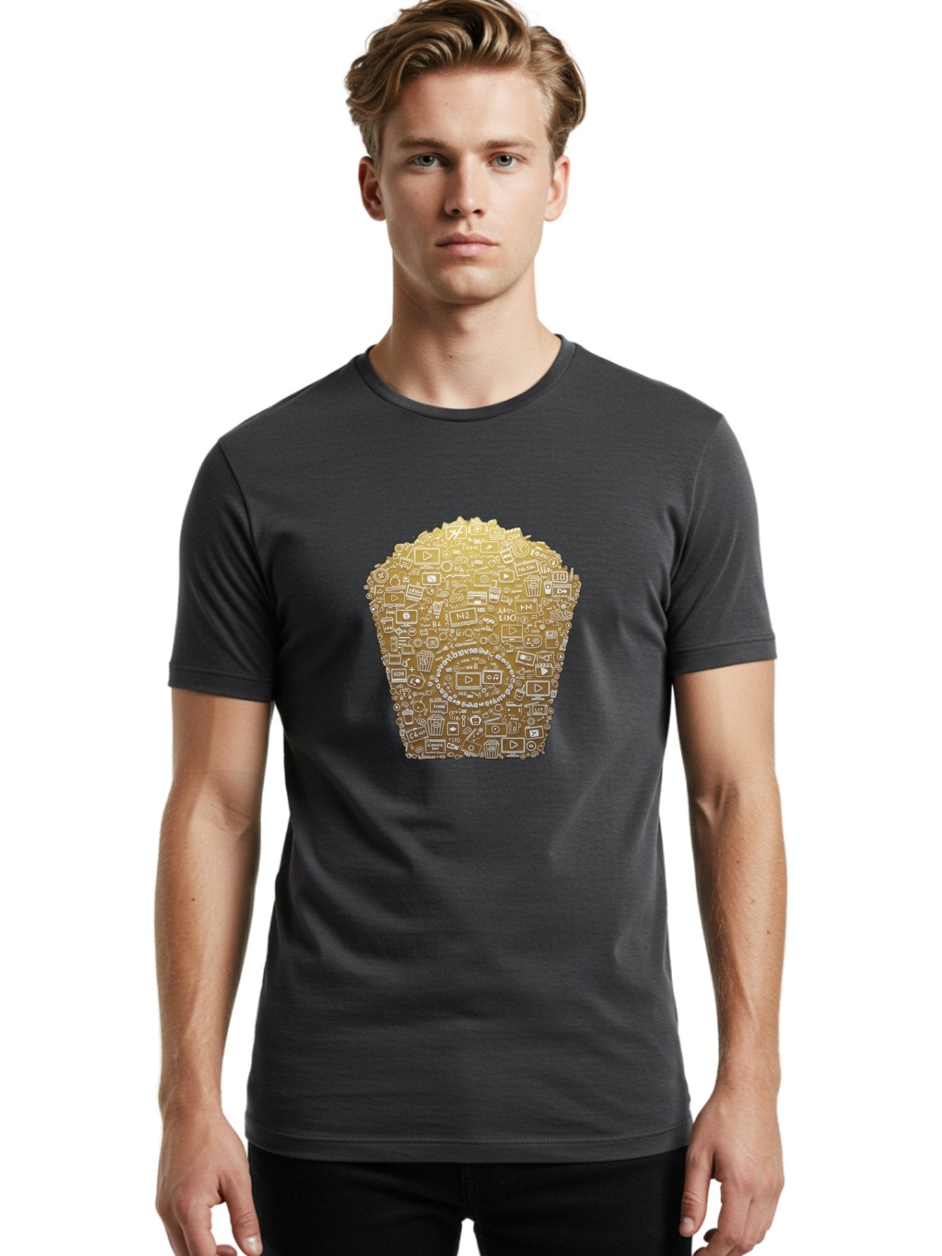 Popcorn Men'S Graphic Tee, 100% Cotton, Comfortable Casual Summer Wear, Machine Washable, Popcorn Bucket, Play Button, Video Icons, Social Media Symbols, Digital Media, Online Content, Entertainment, Multimedia Icons, Film Strip, Video Player, Bac339 21