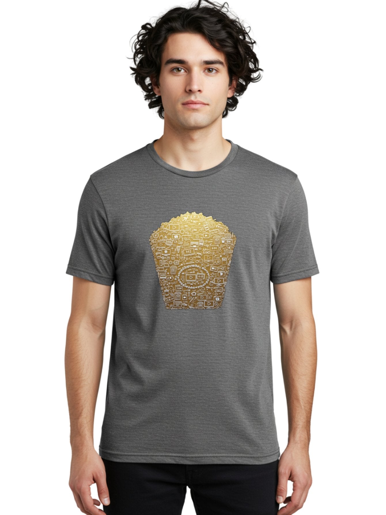 Popcorn Men'S Graphic Tee, 100% Cotton, Comfortable Casual Summer Wear, Machine Washable, Popcorn Bucket, Play Button, Video Icons, Social Media Symbols, Digital Media, Online Content, Entertainment, Multimedia Icons, Film Strip, Video Player, Bac339 26