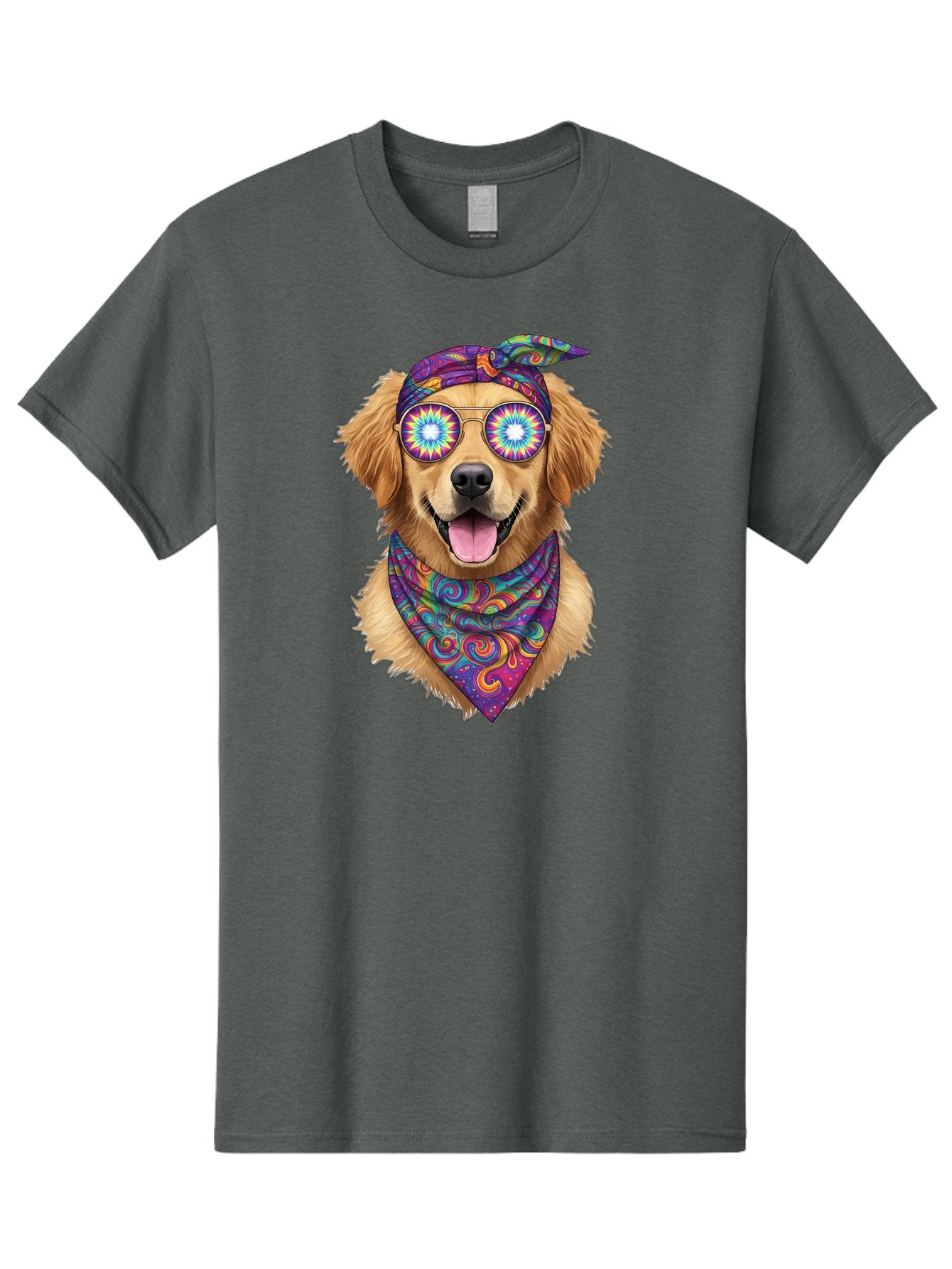Psychedelic-Dog Men'S Graphic Tee, 100% Cotton, Comfortable Casual Summer Wear, Machine Washable, Happy Dog, Psychedelic Sunglasses, Colorful Bandana, Hippie Style, Fun Pet, Happy Animal, Playful Pup, Groovy Vibe, Funky Glasses, Bac344