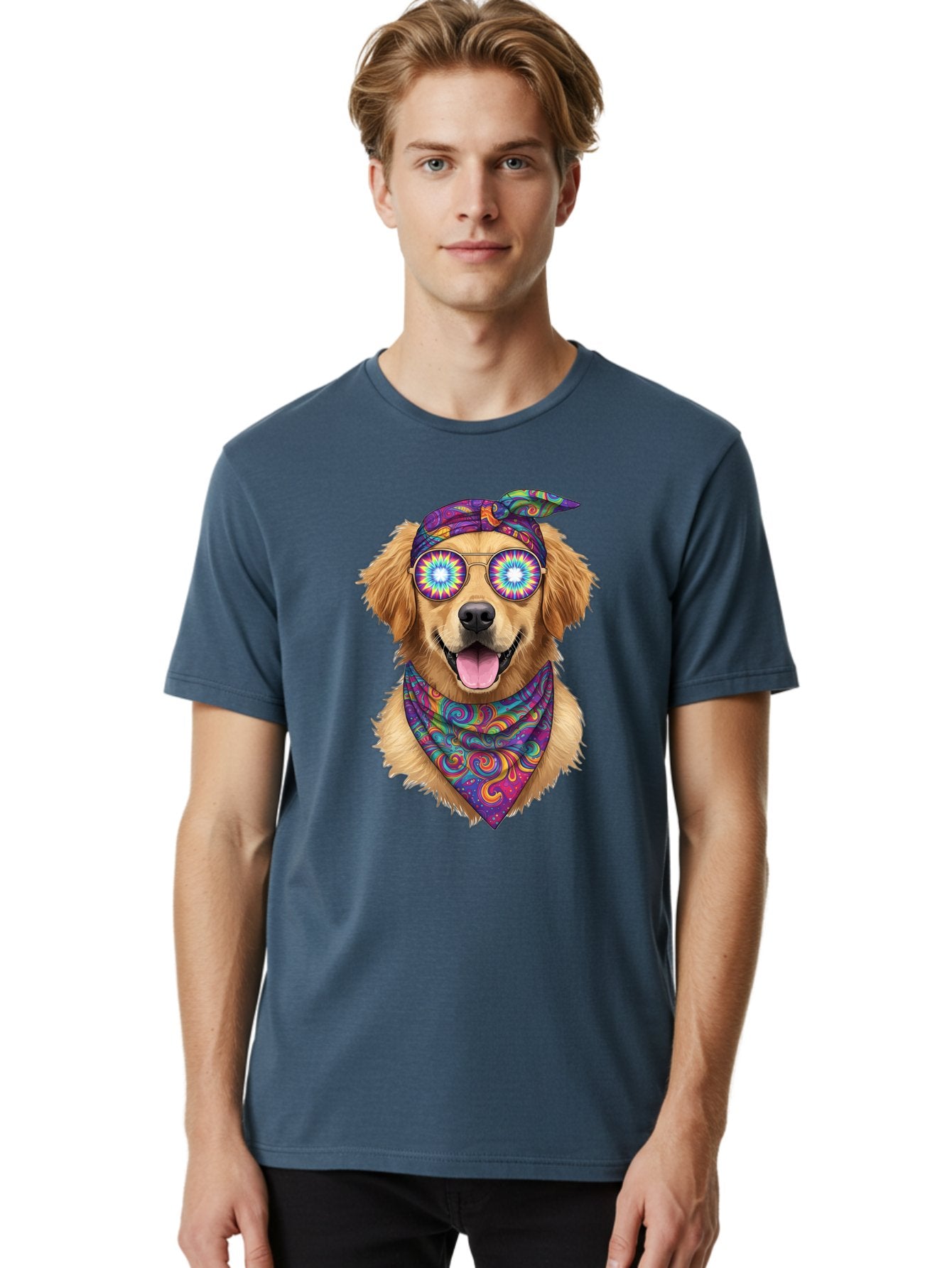Psychedelic-Dog Men'S Graphic Tee, 100% Cotton, Comfortable Casual Summer Wear, Machine Washable, Happy Dog, Psychedelic Sunglasses, Colorful Bandana, Hippie Style, Fun Pet, Happy Animal, Playful Pup, Groovy Vibe, Funky Glasses, Bac344 18