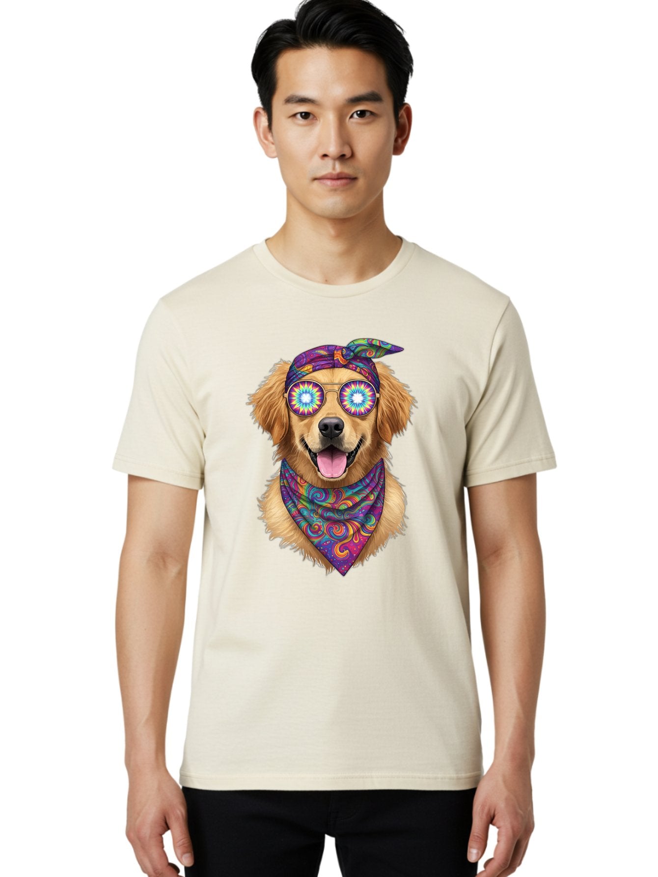 Psychedelic-Dog Men'S Graphic Tee, 100% Cotton, Comfortable Casual Summer Wear, Machine Washable, Happy Dog, Psychedelic Sunglasses, Colorful Bandana, Hippie Style, Fun Pet, Happy Animal, Playful Pup, Groovy Vibe, Funky Glasses, Bac344 30