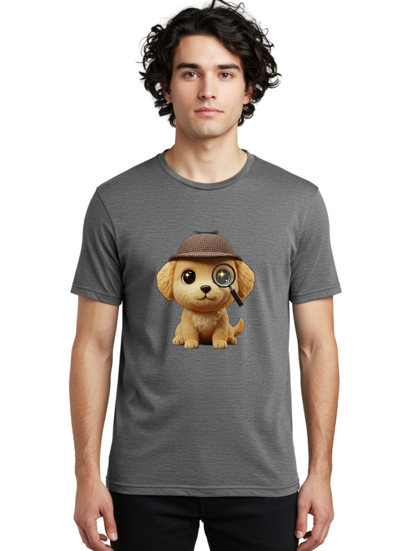 Puppy-Detective Men'S Graphic Tee, 100% Cotton, Comfortable Casual Summer Wear, Machine Washable, Puppy Wearing A Deerstalker Cap, Magnifying Glass, Detective Theme, Cute Puppy, Investigation, Mystery Solving, Dog Character, Cartoon Style Bac346 23