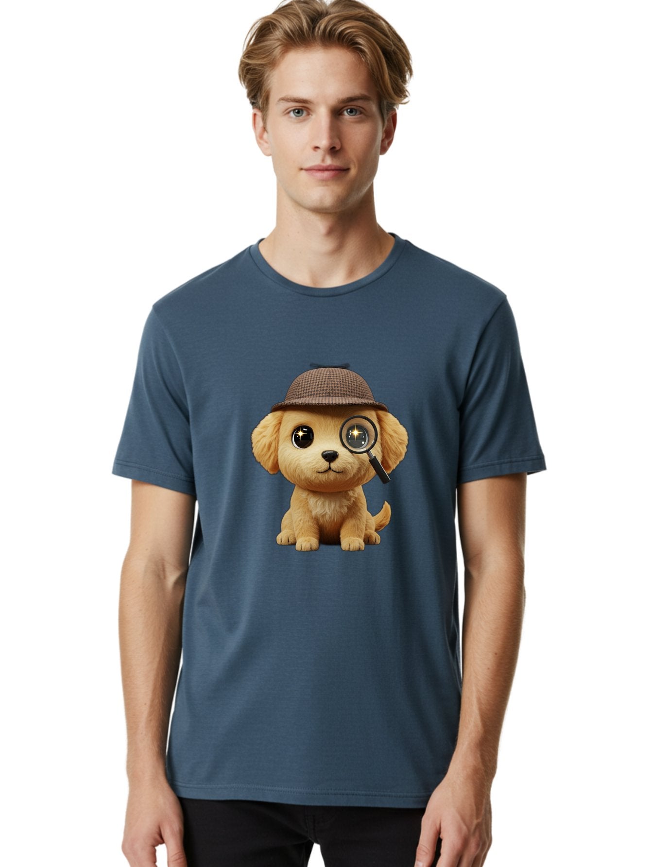 Puppy-Detective Men'S Graphic Tee, 100% Cotton, Comfortable Casual Summer Wear, Machine Washable, Puppy Wearing A Deerstalker Cap, Magnifying Glass, Detective Theme, Cute Puppy, Investigation, Mystery Solving, Dog Character, Cartoon Style Bac346 25