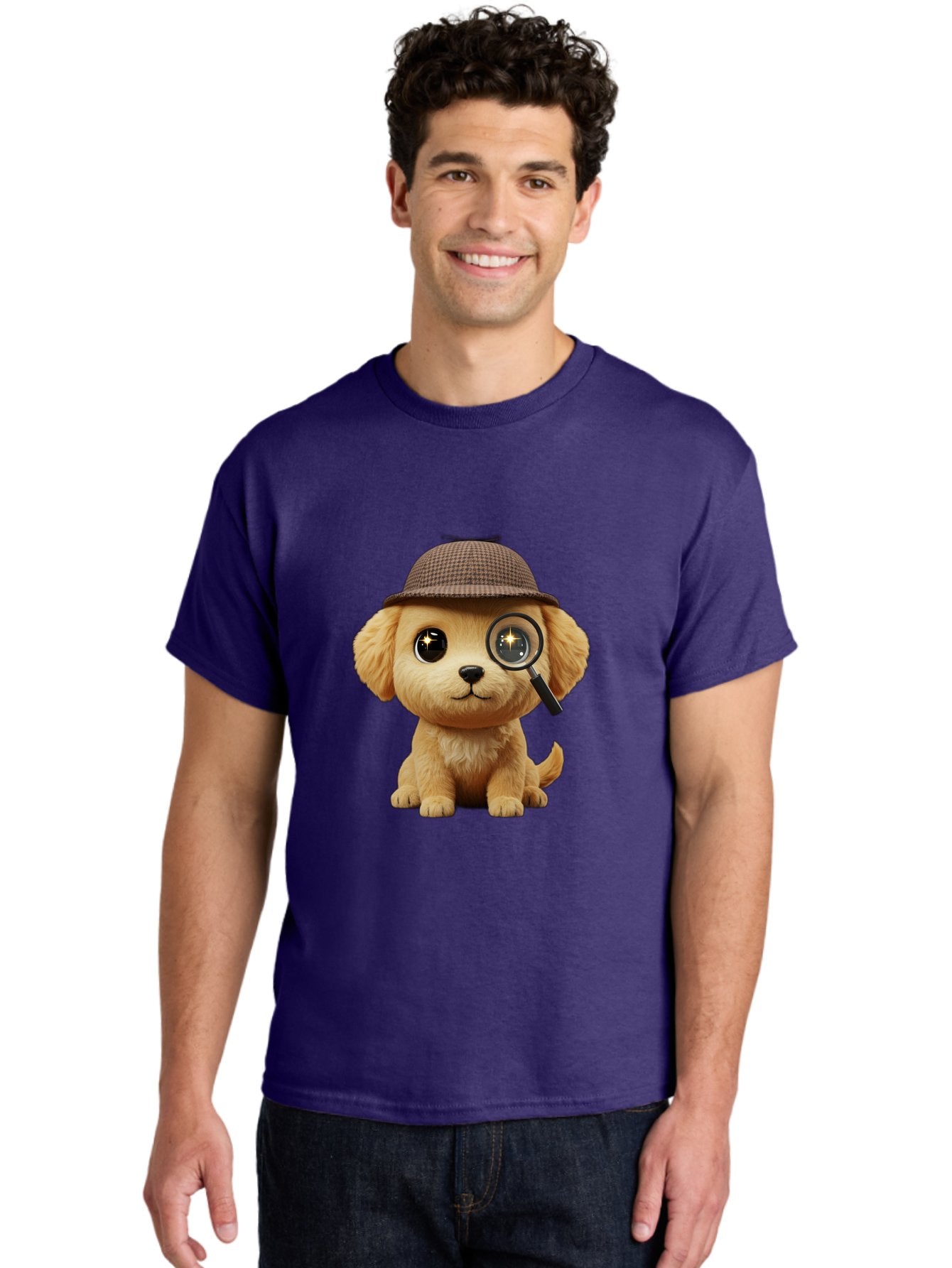 Puppy-Detective Men'S Graphic Tee, 100% Cotton, Comfortable Casual Summer Wear, Machine Washable, Puppy Wearing A Deerstalker Cap, Magnifying Glass, Detective Theme, Cute Puppy, Investigation, Mystery Solving, Dog Character, Cartoon Style Bac346 26